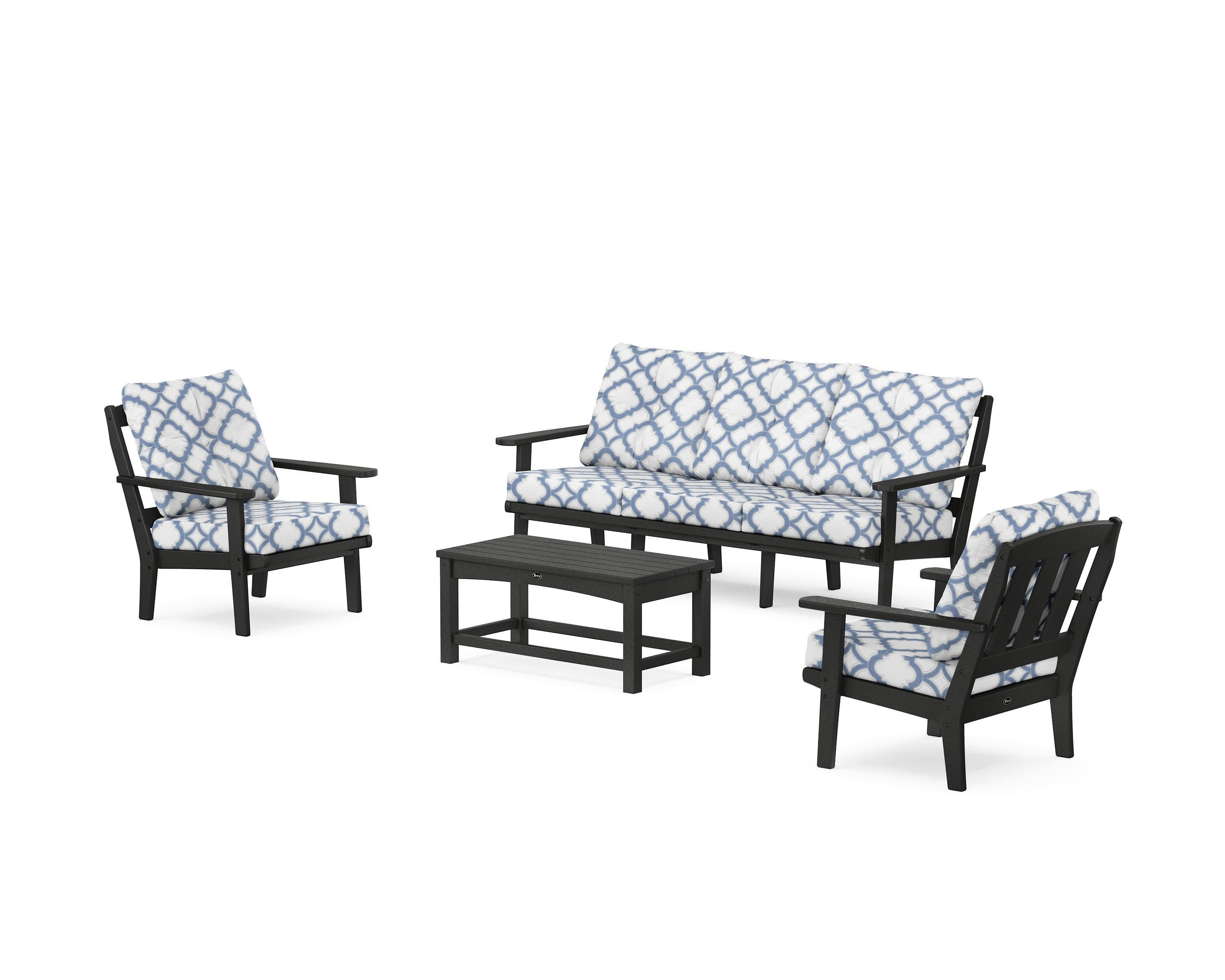Cape Cod 4-Piece Deep Seating Set with Sofa in Charcoal Black / Trellis Sky Blue