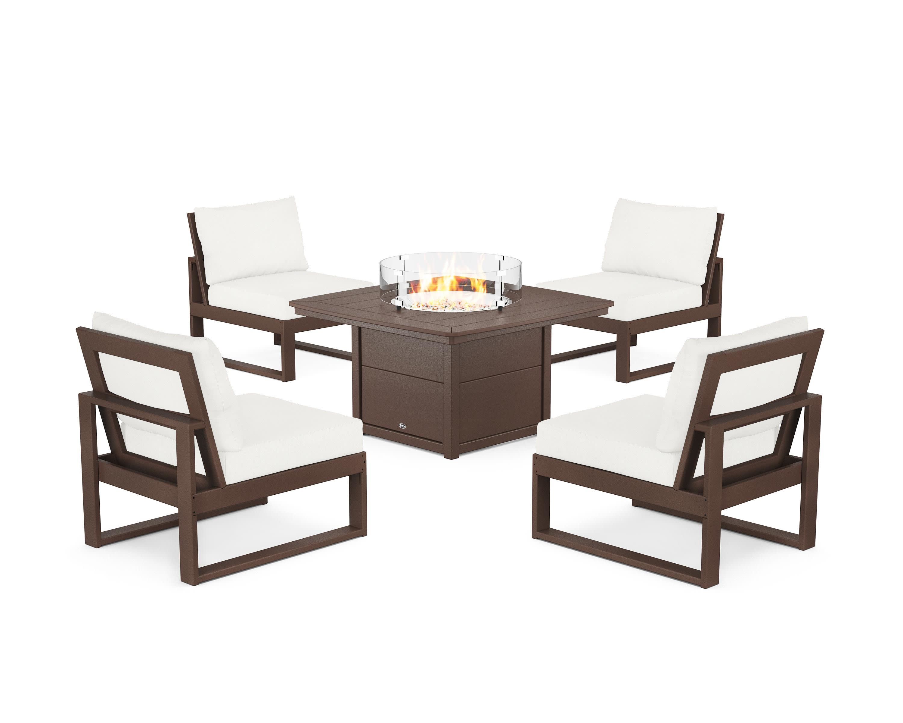 Eastport Modular 5-Piece Deep Seating Set with Yacht Club Fire Pit Table in Vintage Lantern / Natural Linen