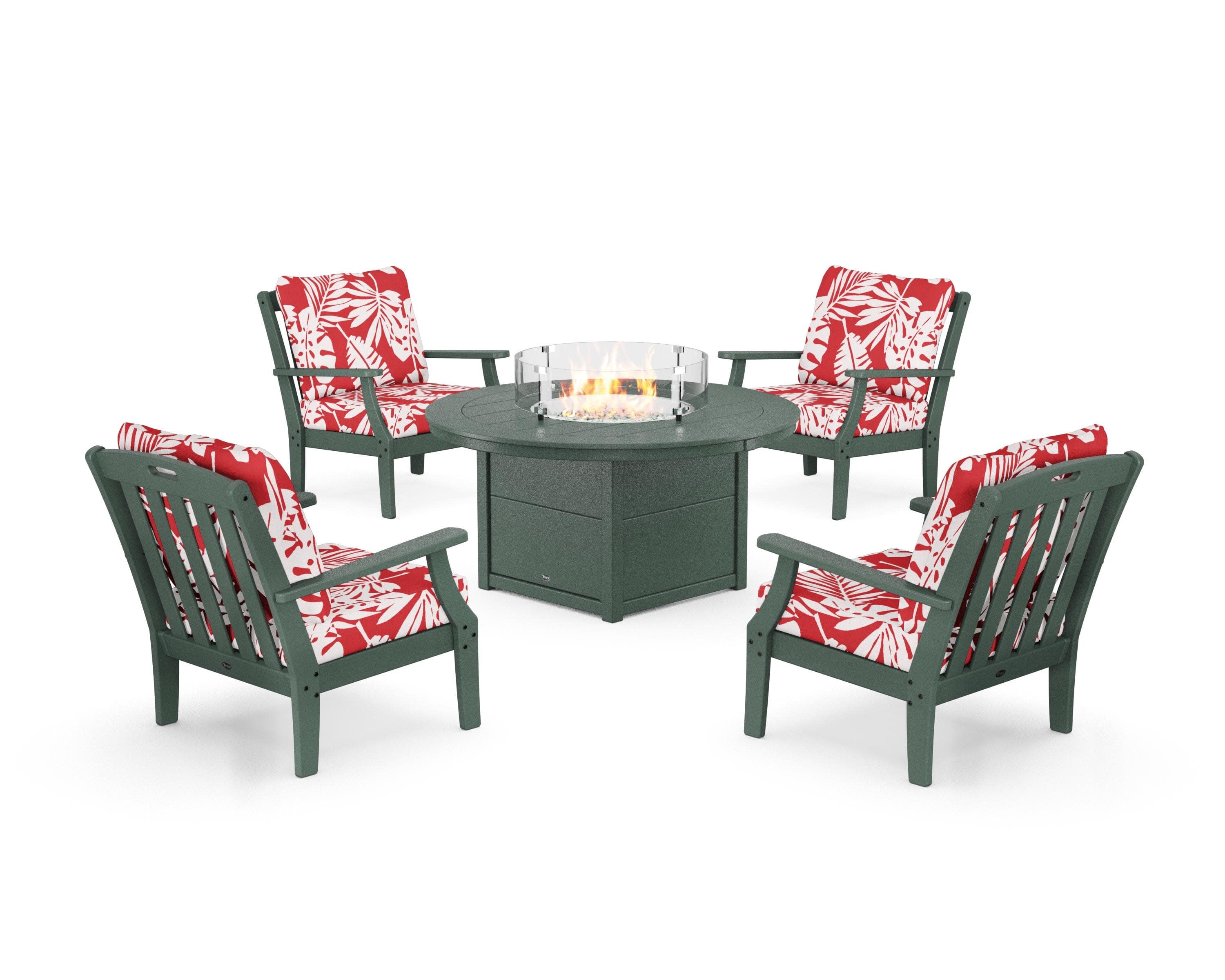 Yacht Club 5-Piece Deep Seating Set with Round Fire Pit Table in Rainforest Canopy / Leaf Crimson
