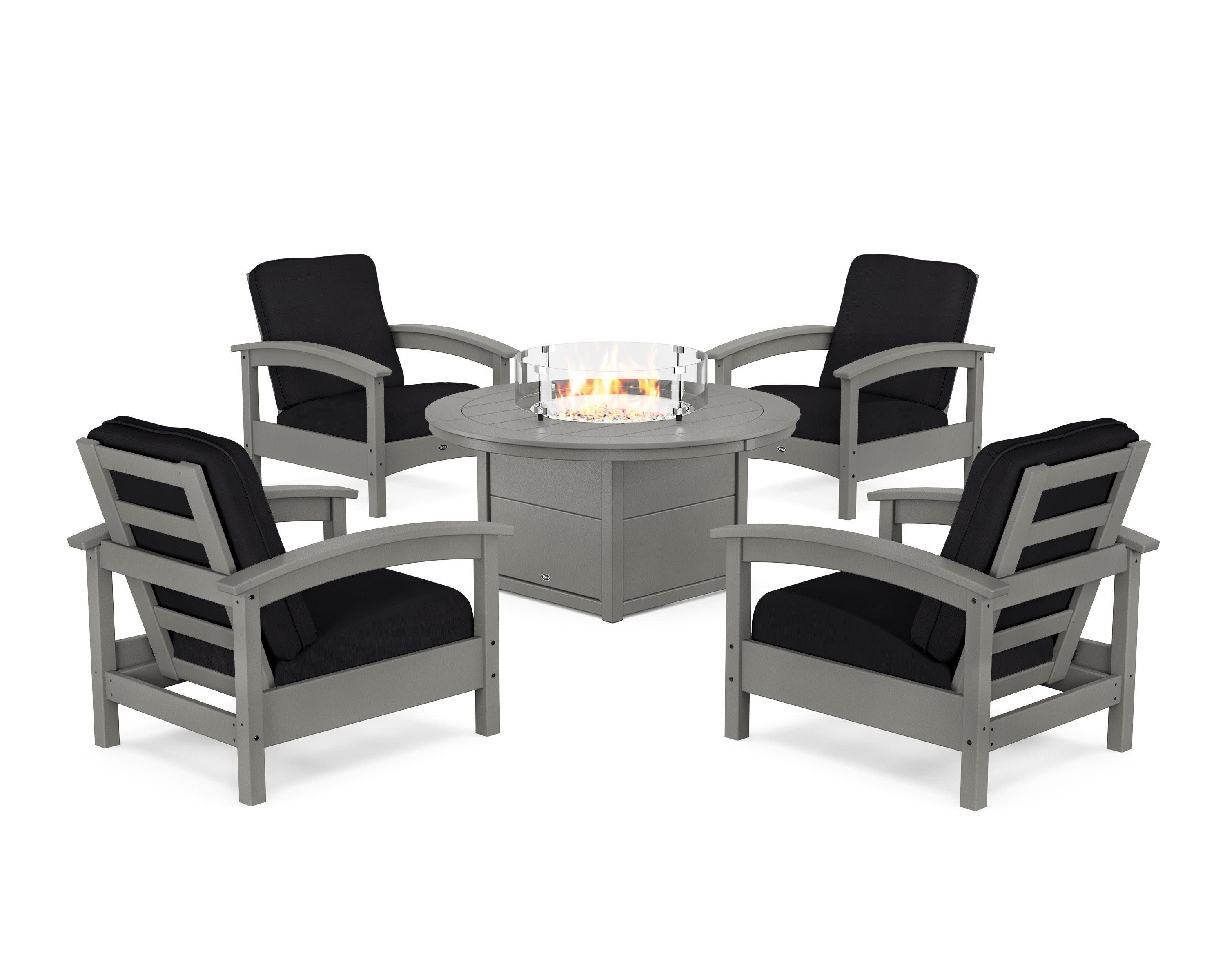 Rockport 5-Piece Deep Seating Set with Round Fire Pit Table in Stepping Stone / Midnight Linen
