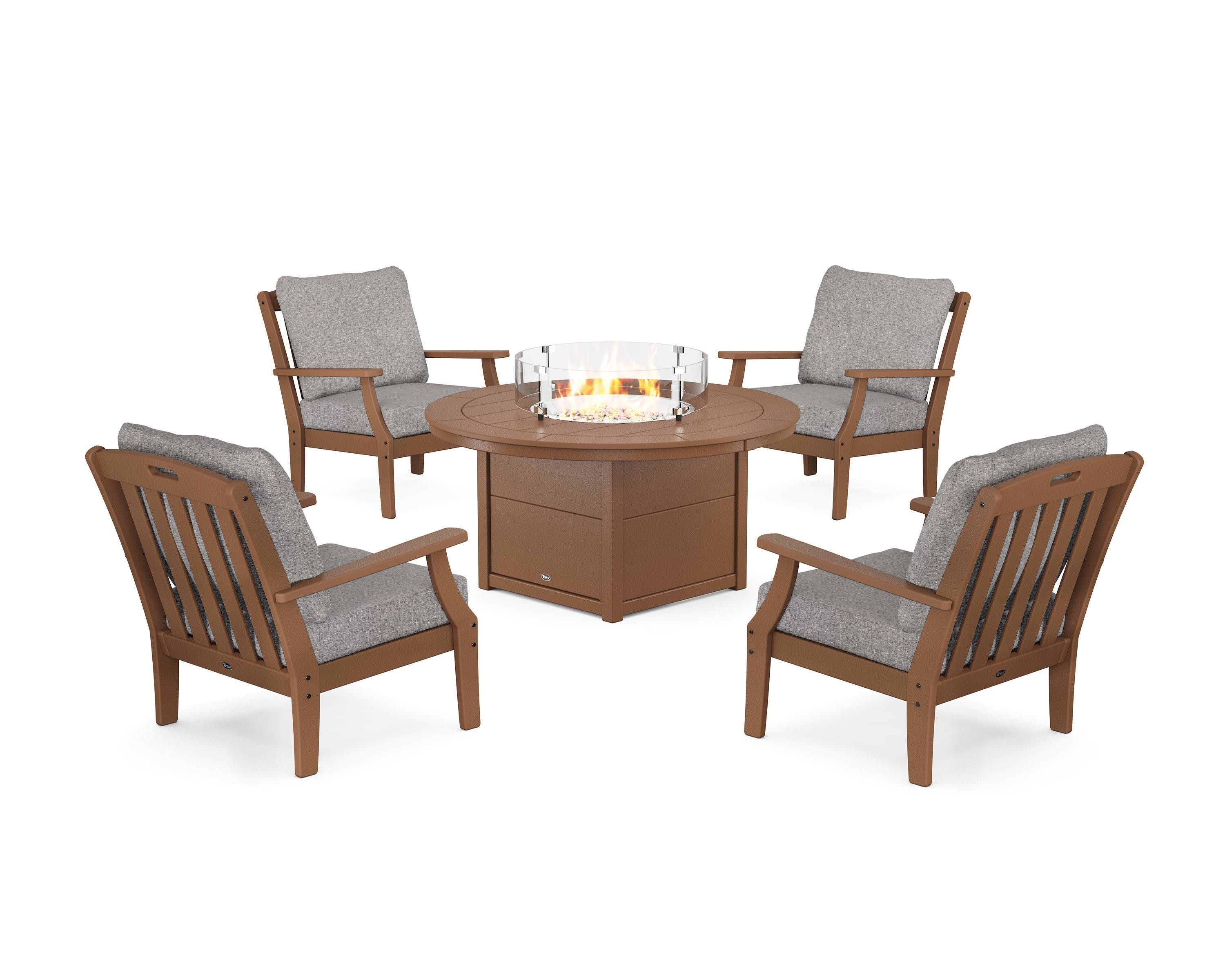 Yacht Club 5-Piece Deep Seating Set with Round Fire Pit Table in Tree House / Grey Mist