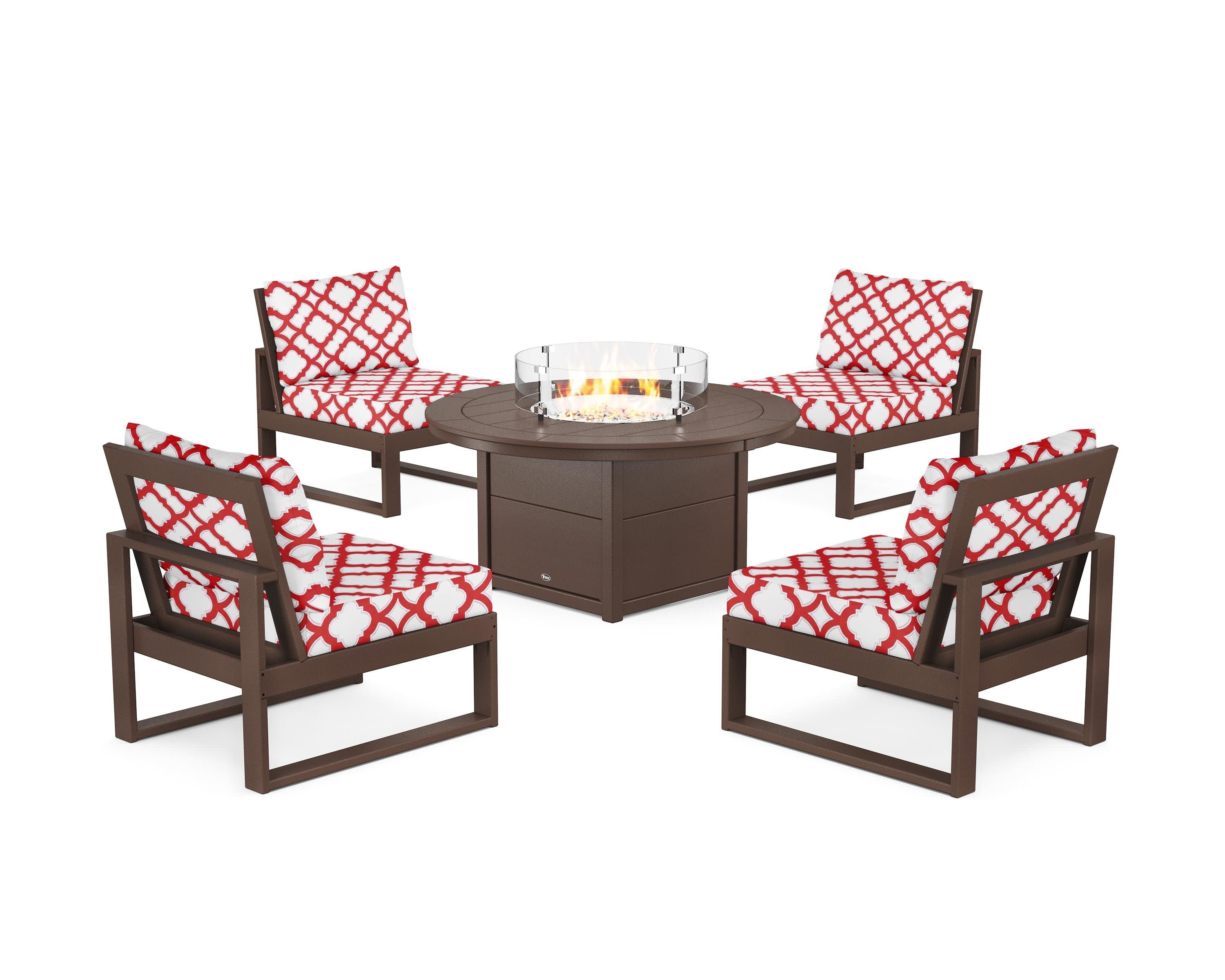 Eastport Modular 5-Piece Deep Seating Set with Round Fire Pit Table in Vintage Lantern / Trellis Crimson