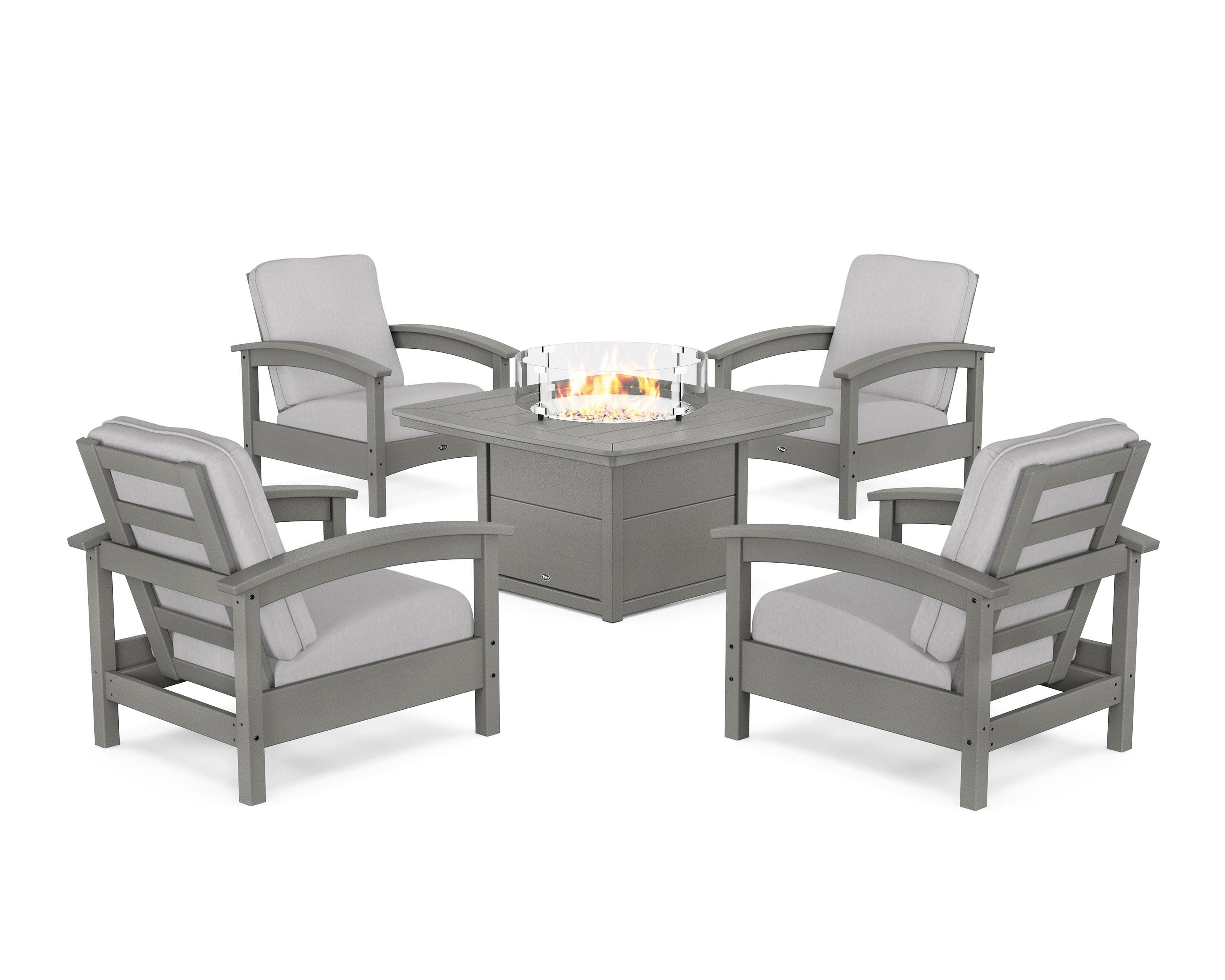 Rockport 5-Piece Deep Seating Set with Yacht Club Fire Pit Table in Stepping Stone / Granite