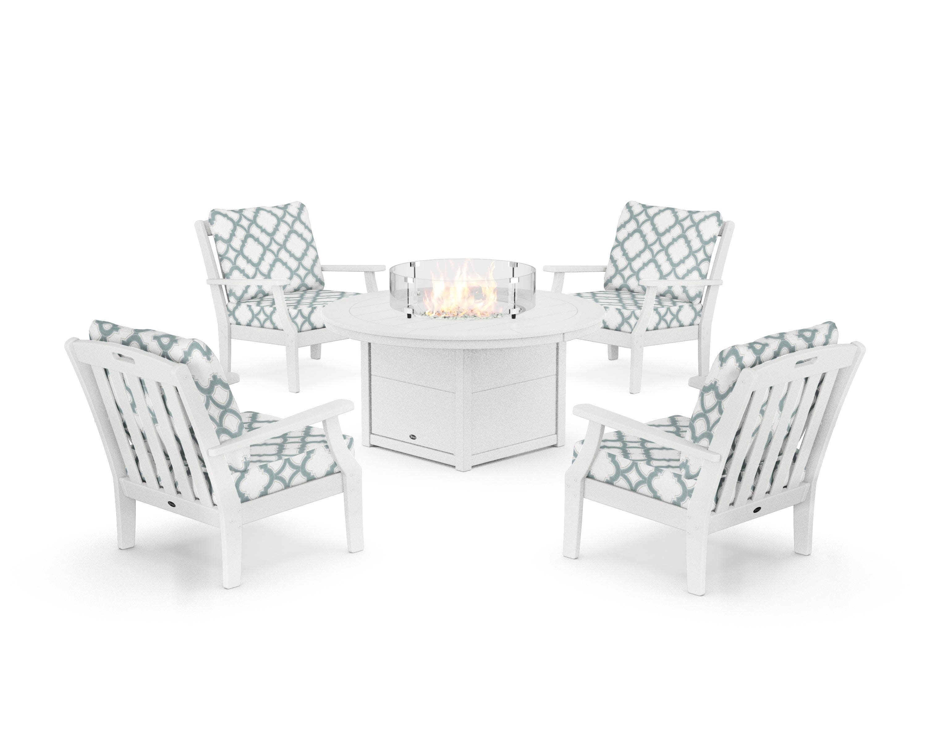 Yacht Club 5-Piece Deep Seating Set with Round Fire Pit Table in Classic White / Trellis Glacier Spa