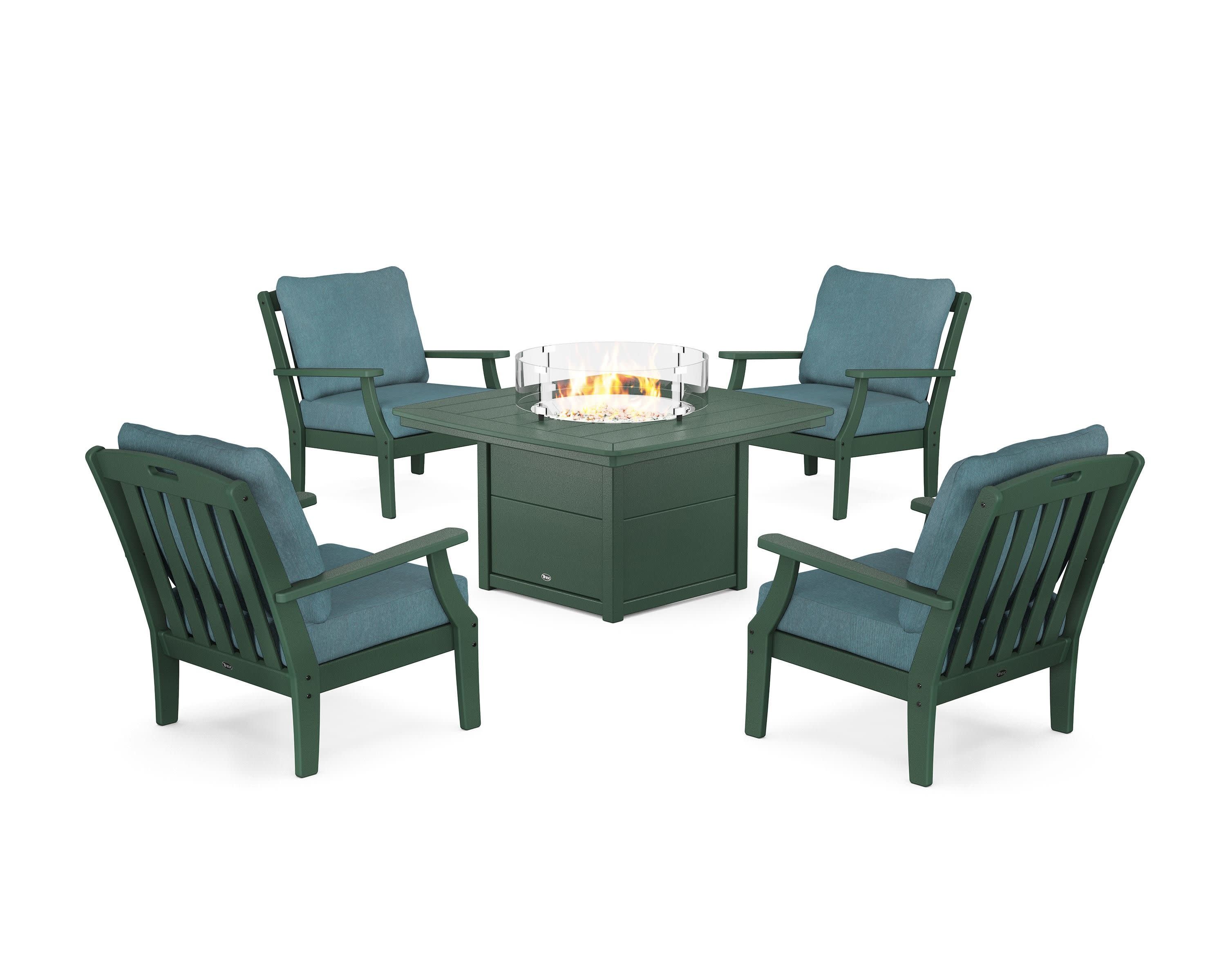 Yacht Club 5-Piece Deep Seating Set with Fire Pit Table in Rainforest Canopy / Ocean Teal