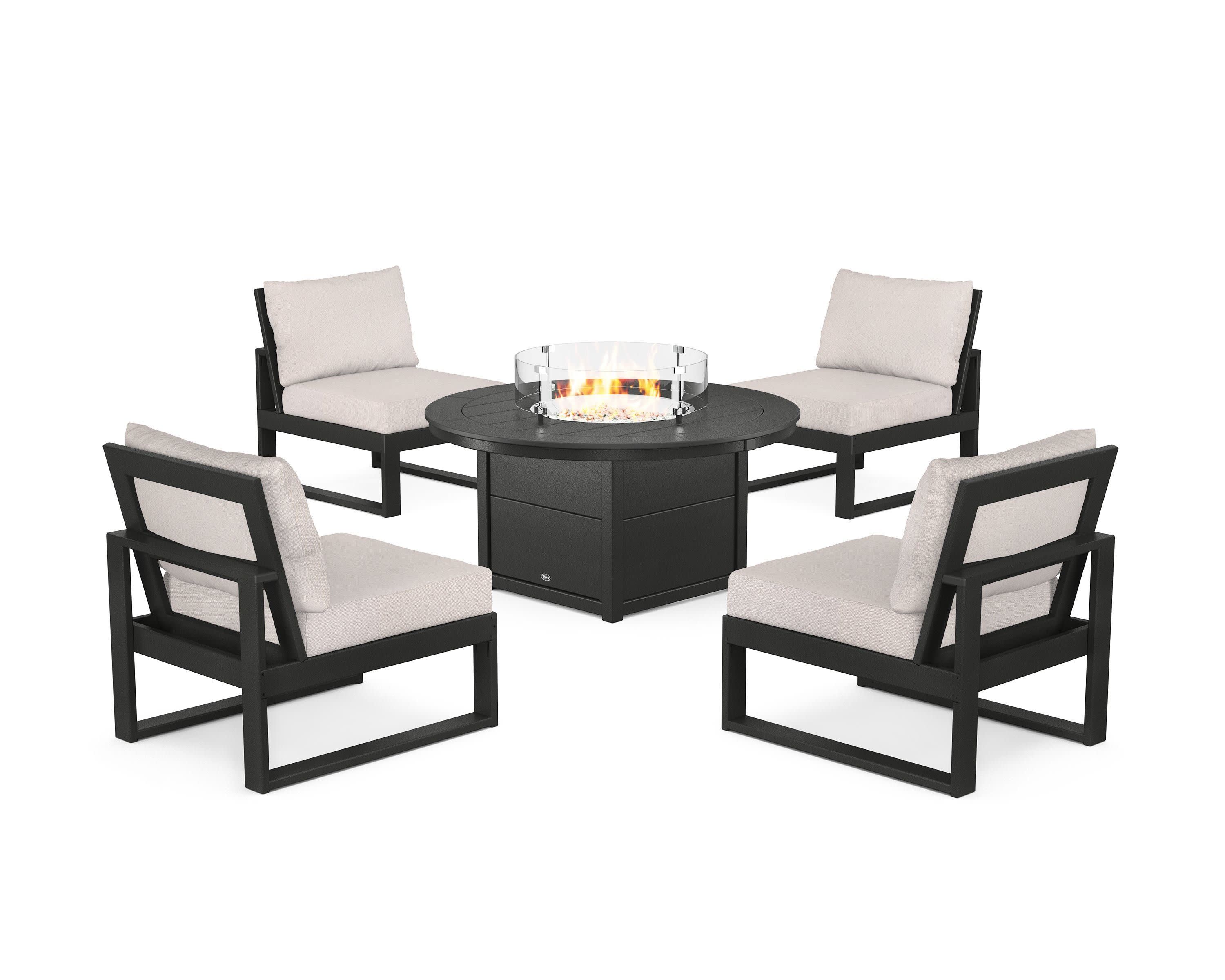 Eastport Modular 5-Piece Deep Seating Set with Round Fire Pit Table in Charcoal Black / Dune Burlap