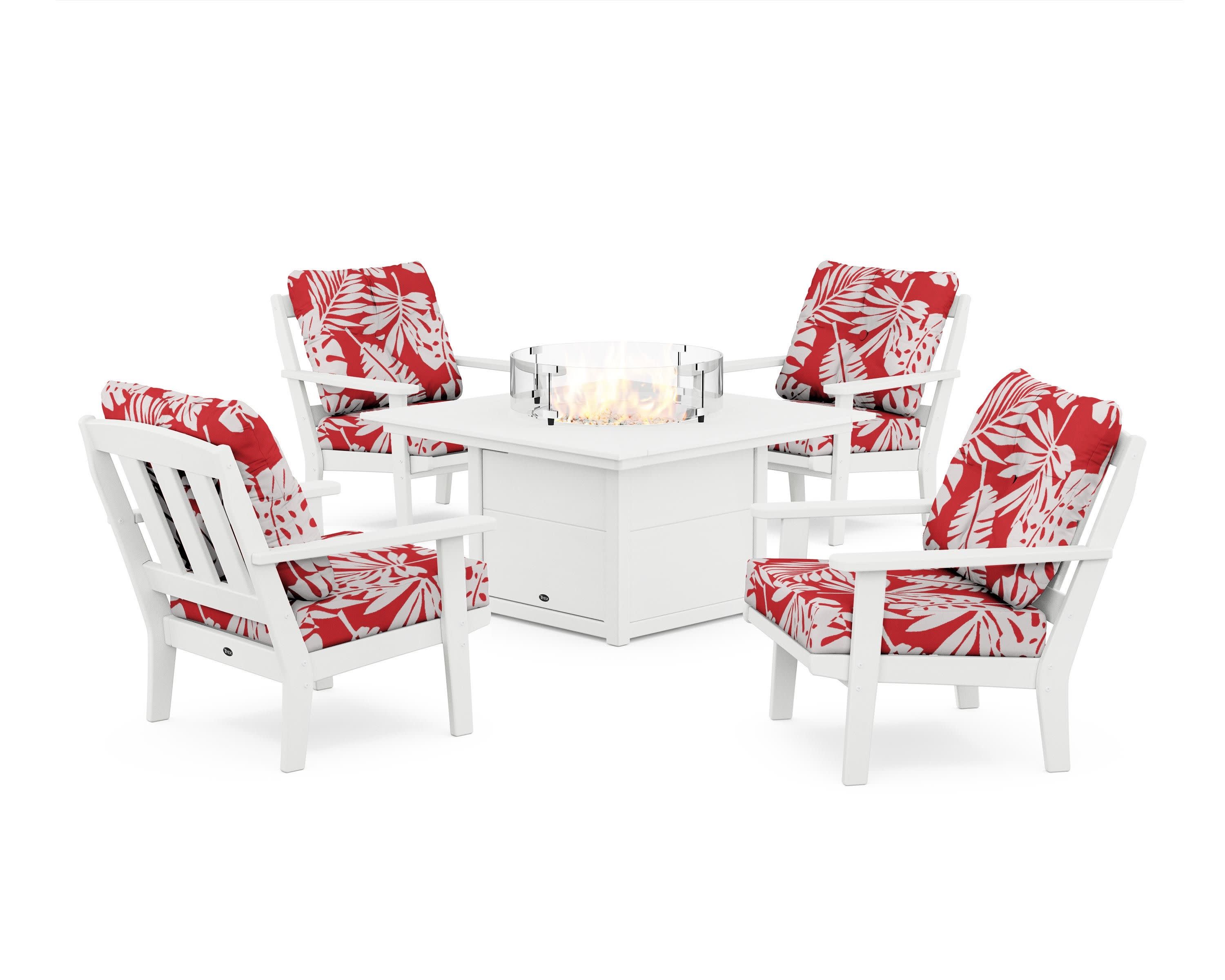 Cape Cod 5-Piece Deep Seating Set with Fire Pit Table in Classic White / Leaf Crimson