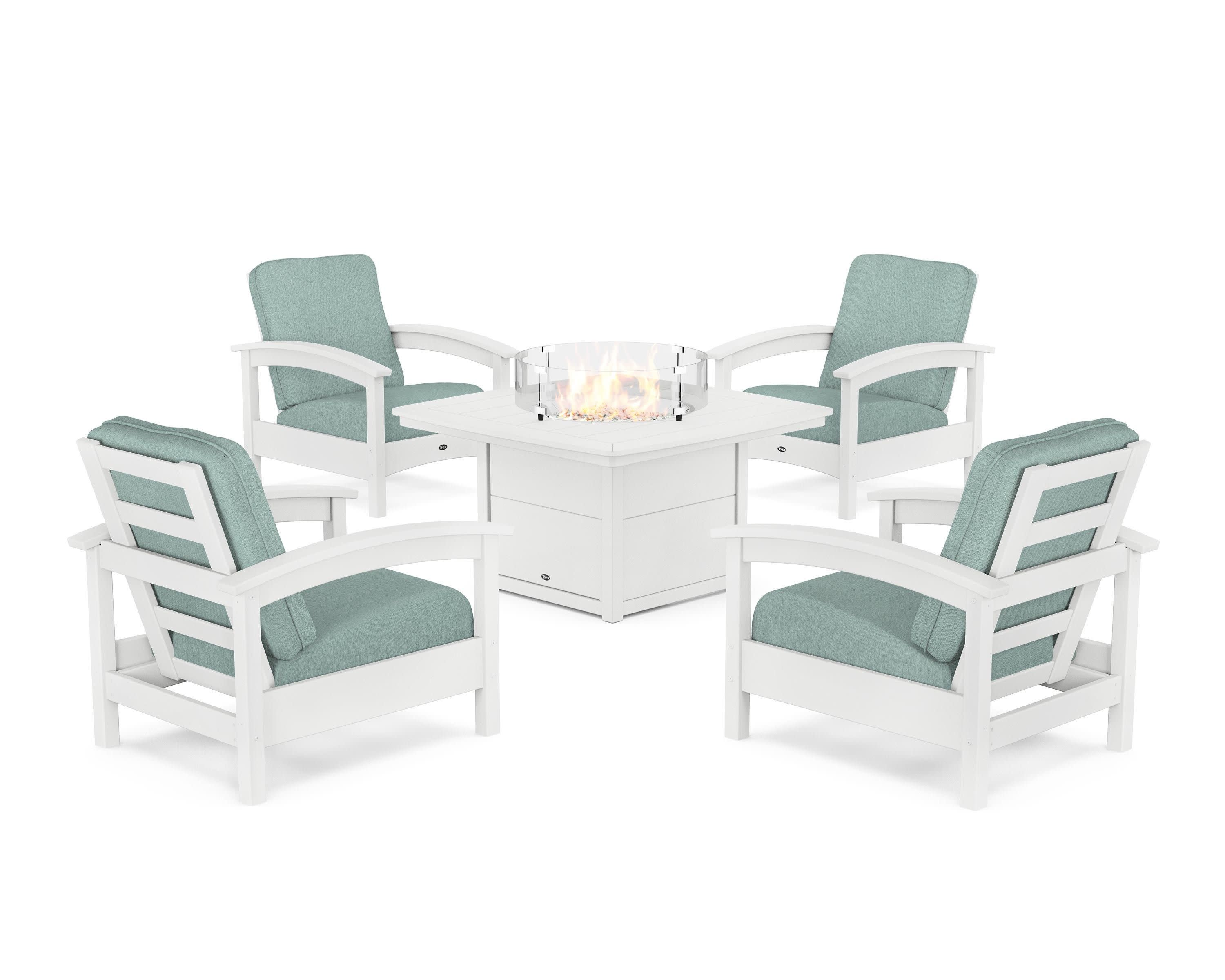 Rockport 5-Piece Deep Seating Set with Yacht Club Fire Pit Table in Classic White / Glacier Spa