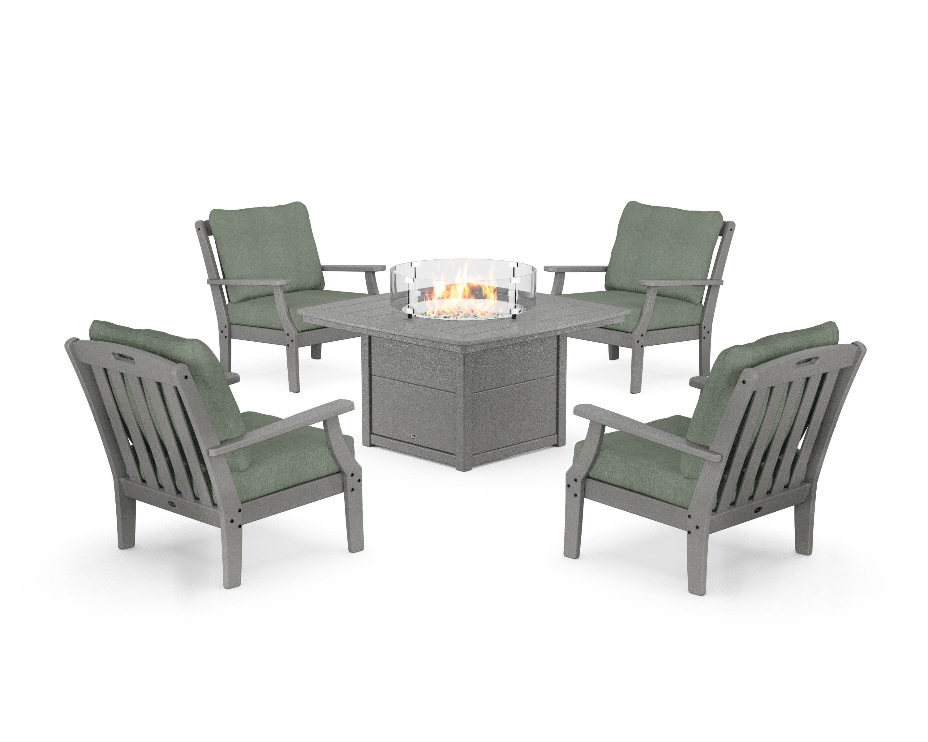 Yacht Club 5-Piece Deep Seating Set with Fire Pit Table in Stepping Stone / Cast Sage