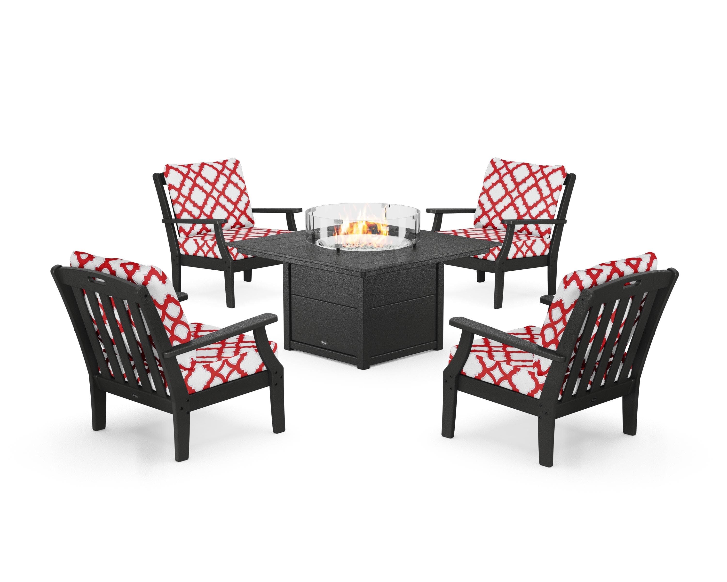 Yacht Club 5-Piece Deep Seating Set with Square Fire Pit Table in Charcoal Black / Trellis Crimson