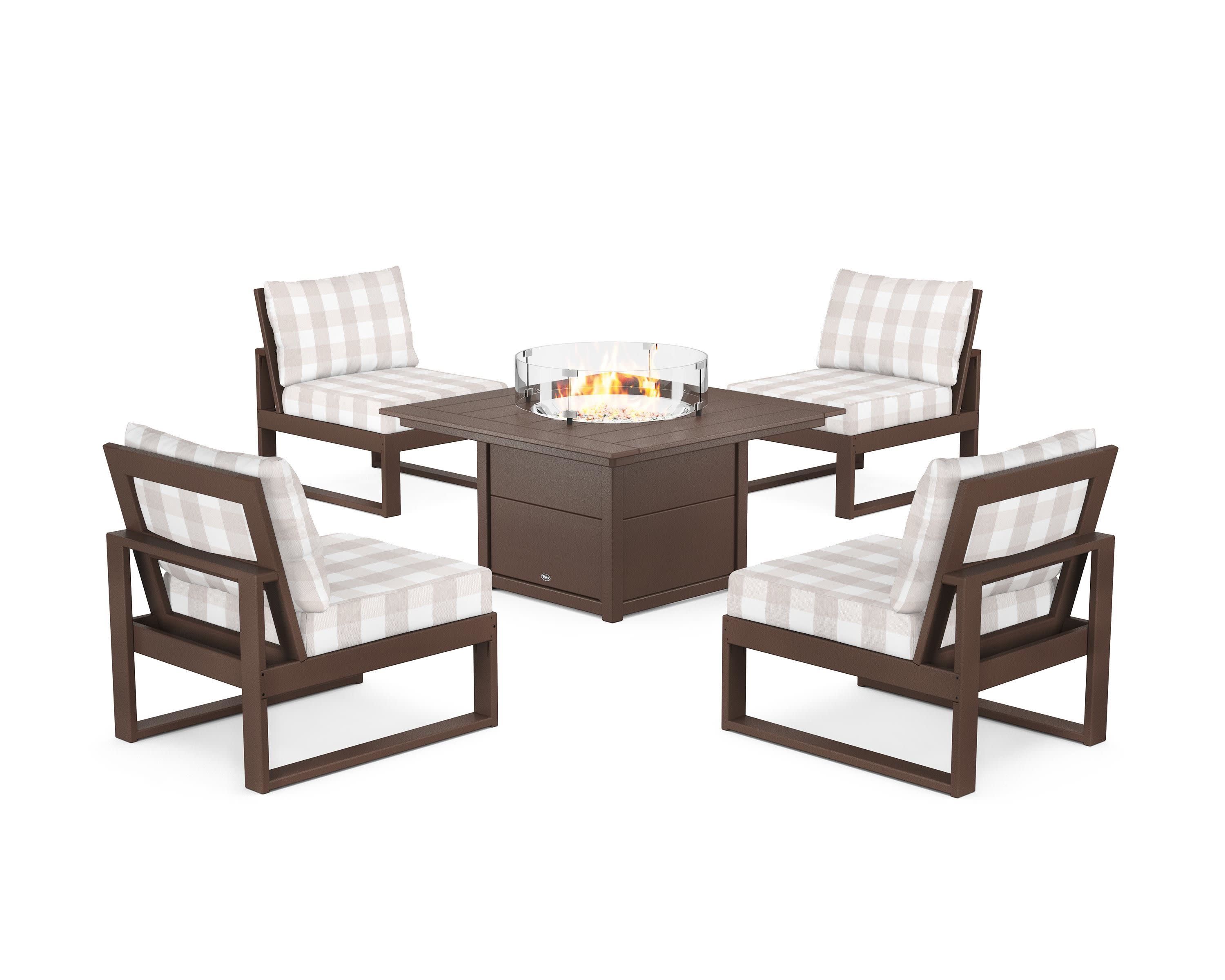 Eastport Modular 5-Piece Deep Seating Set with Square Fire Pit Table in Vintage Lantern / Buffalo Plaid Dune Burlap
