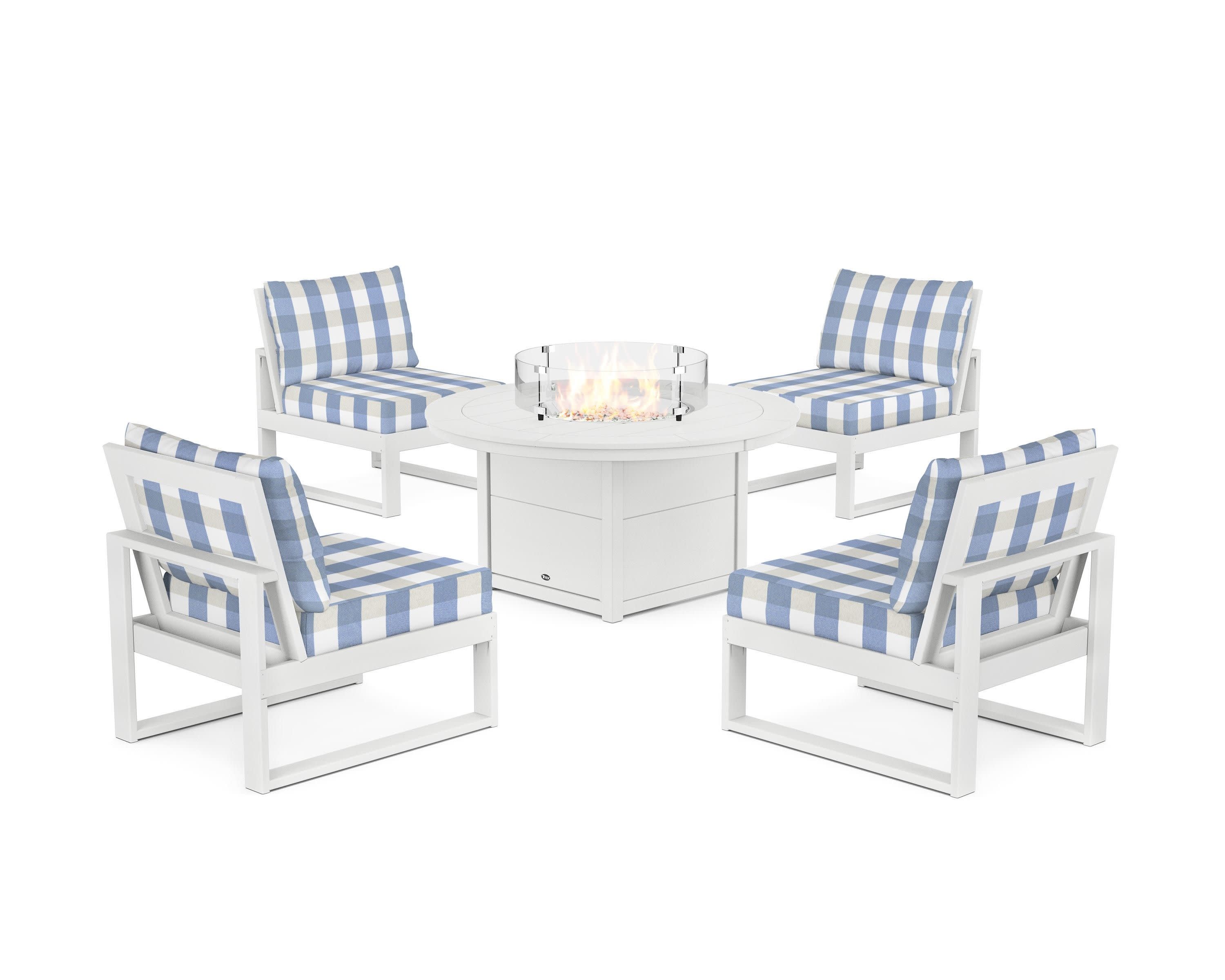 Eastport Modular 5-Piece Deep Seating Set with Round Fire Pit Table in Classic White / Buffalo Plaid Sky Blue
