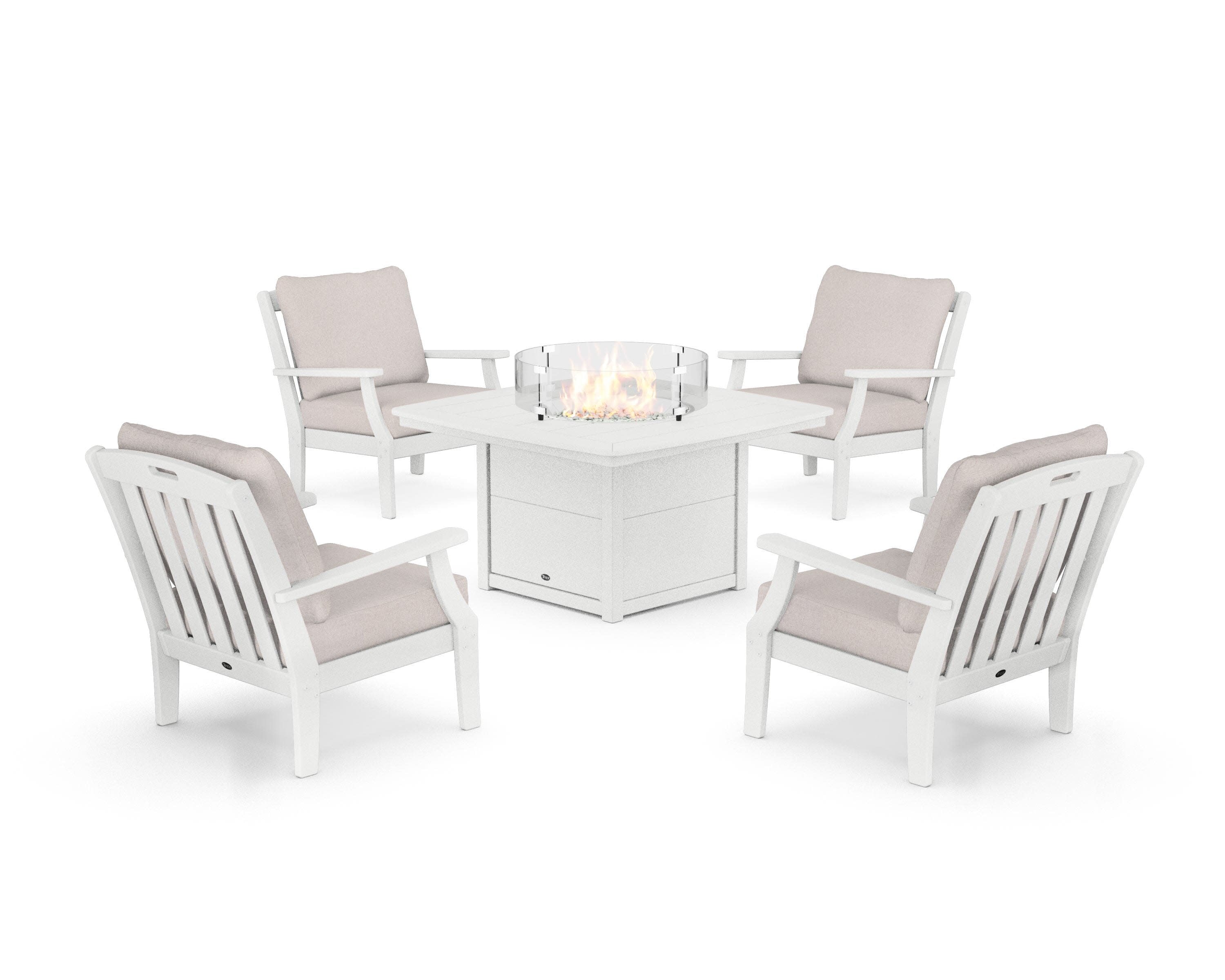 Yacht Club 5-Piece Deep Seating Set with Fire Pit Table in Classic White / Dune Burlap