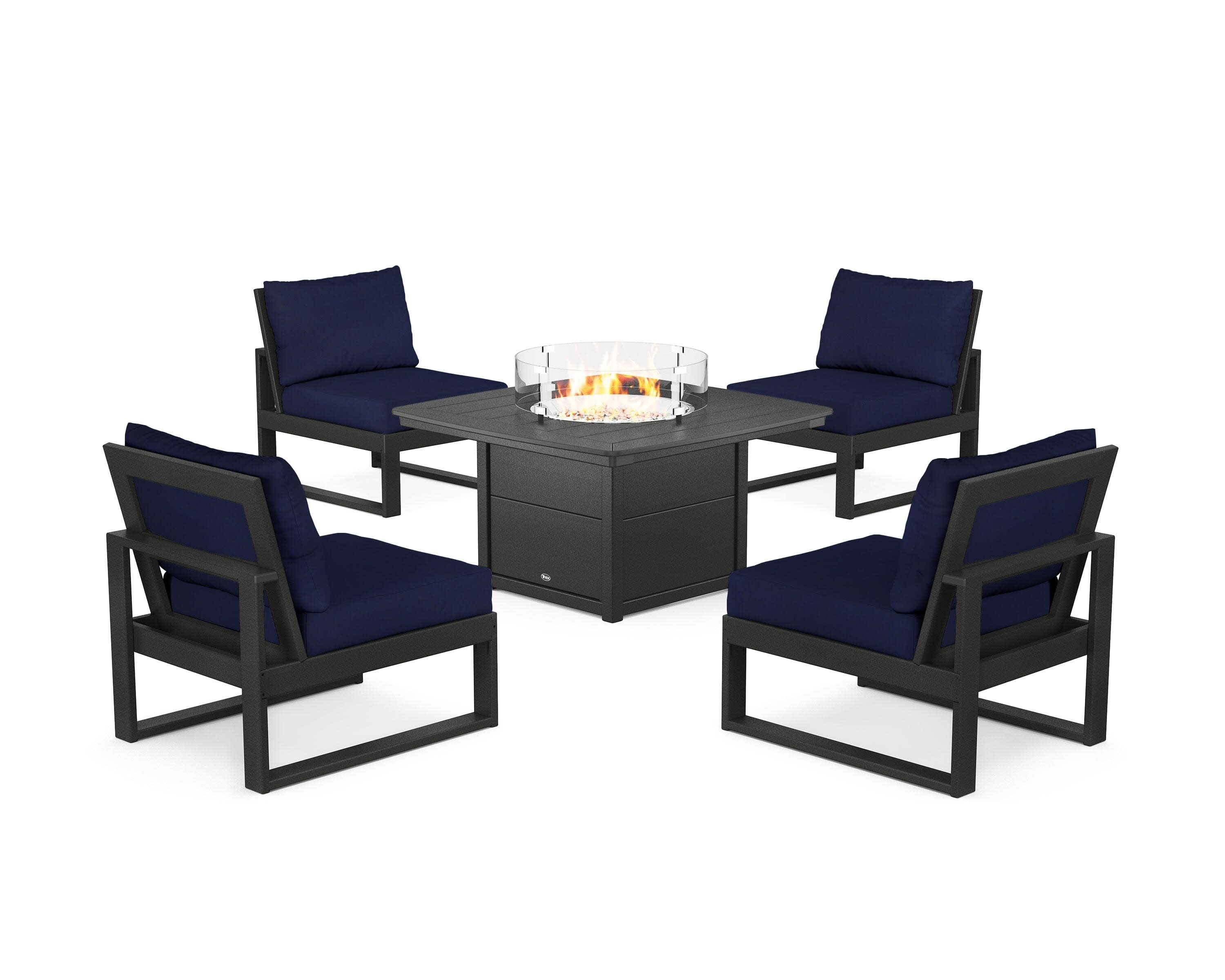 Eastport Modular 5-Piece Deep Seating Set with Yacht Club Fire Pit Table in Charcoal Black / Navy