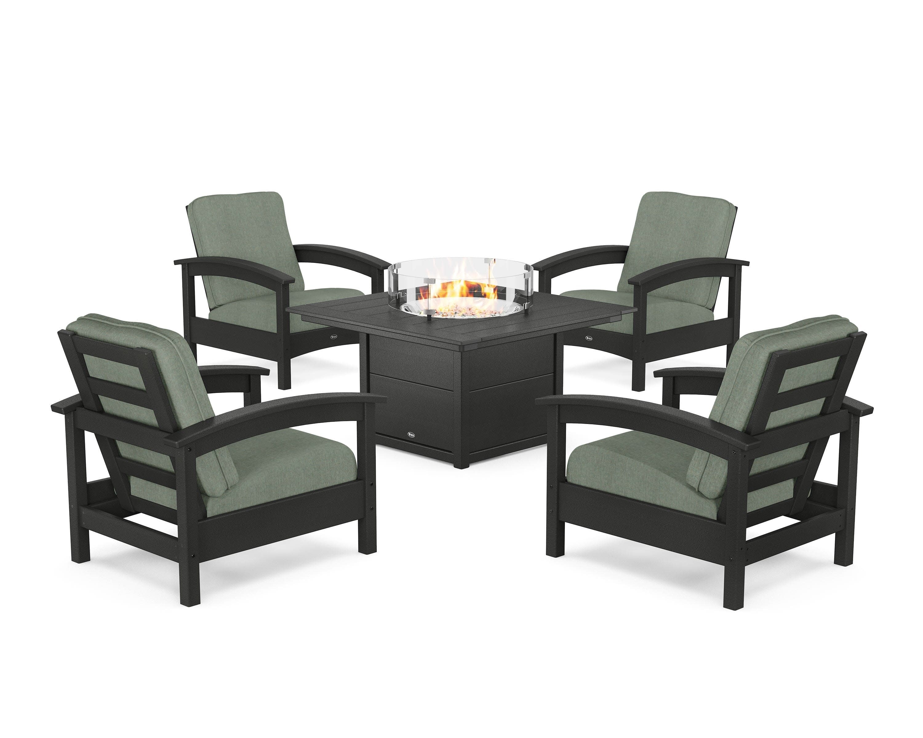 Rockport 5-Piece Deep Seating Set with Square Fire Pit Table in Charcoal Black / Cast Sage