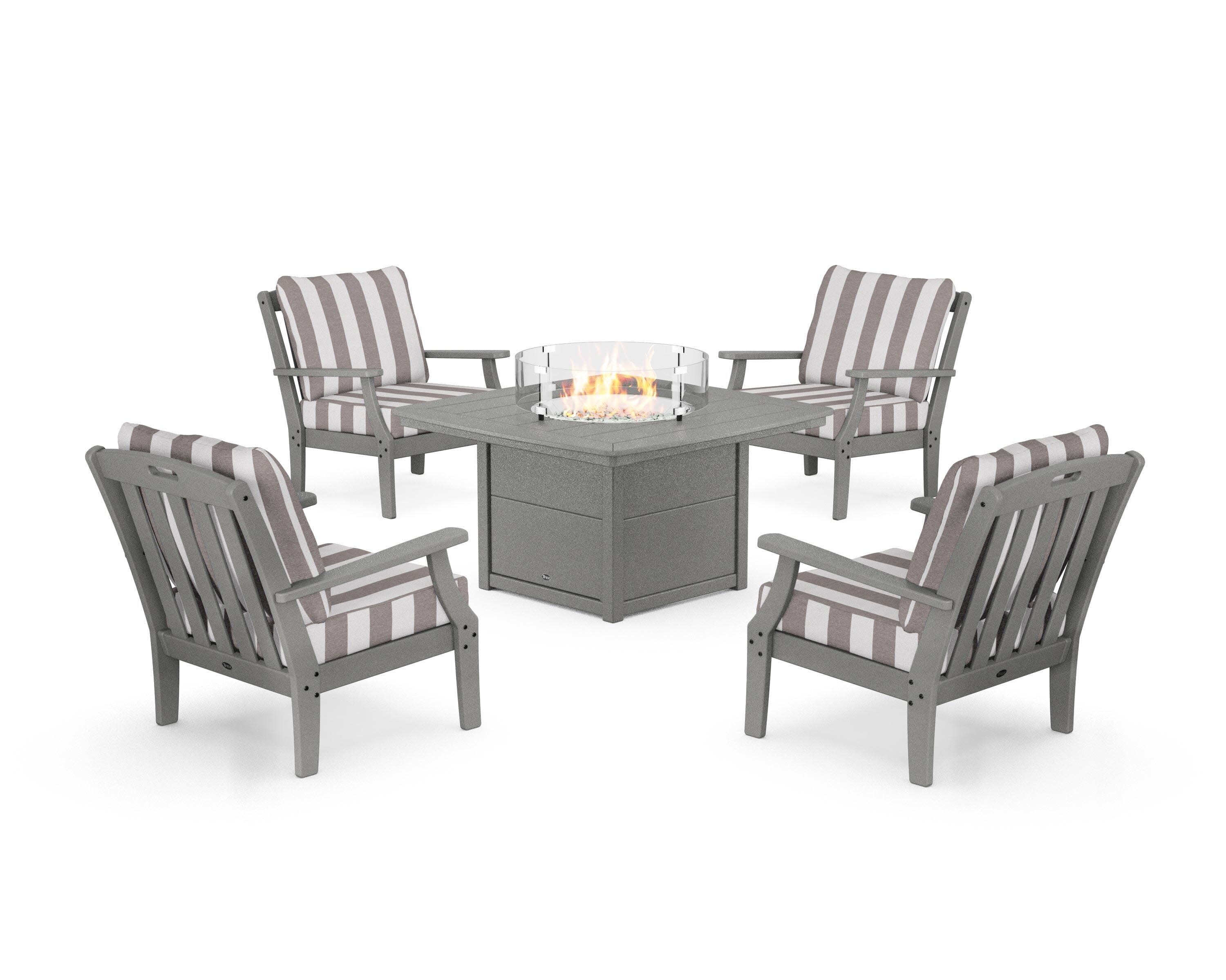 Yacht Club 5-Piece Deep Seating Set with Fire Pit Table in Stepping Stone / Cabana Stripe Grey Mist