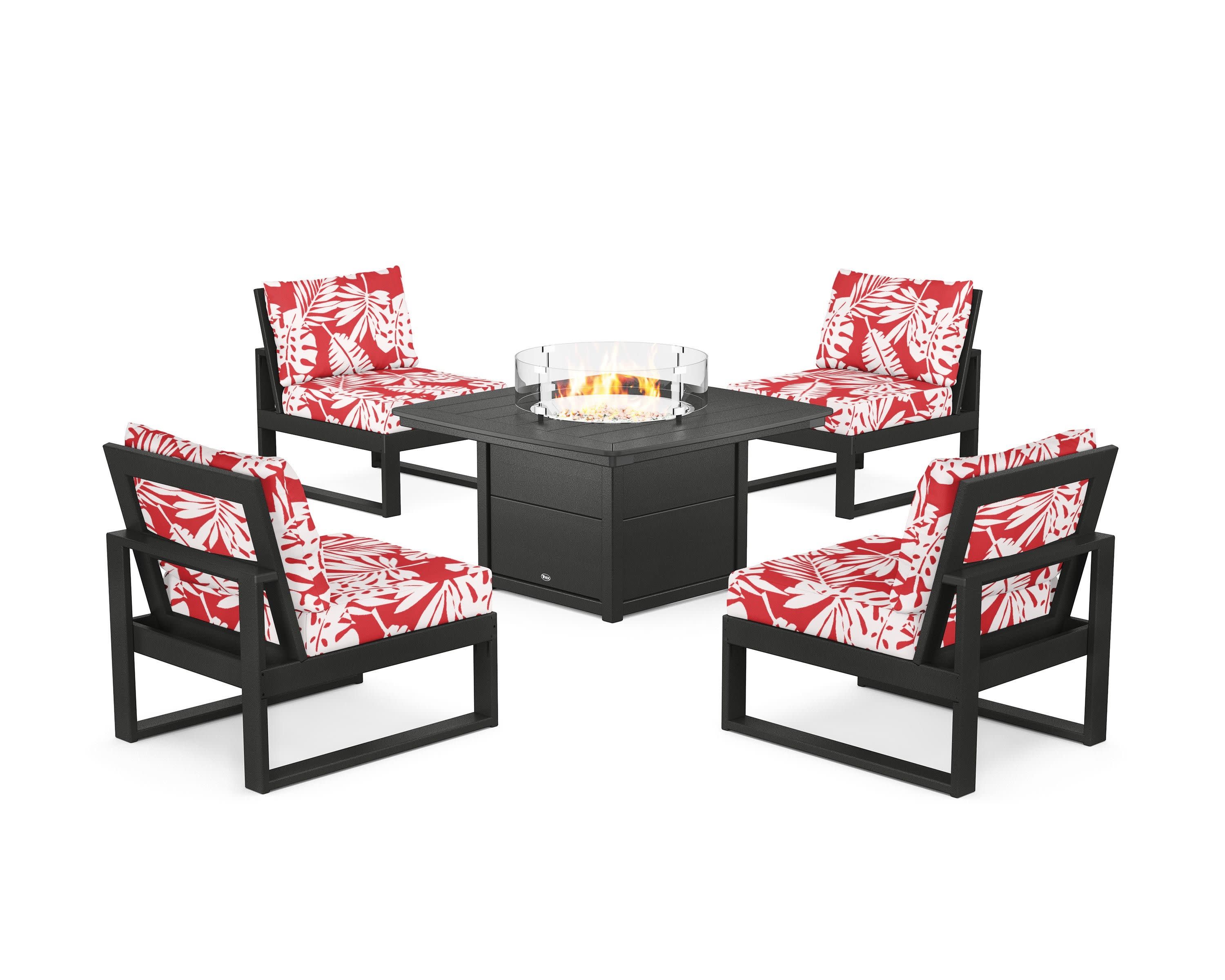 Eastport Modular 5-Piece Deep Seating Set with Yacht Club Fire Pit Table in Charcoal Black / Leaf Crimson