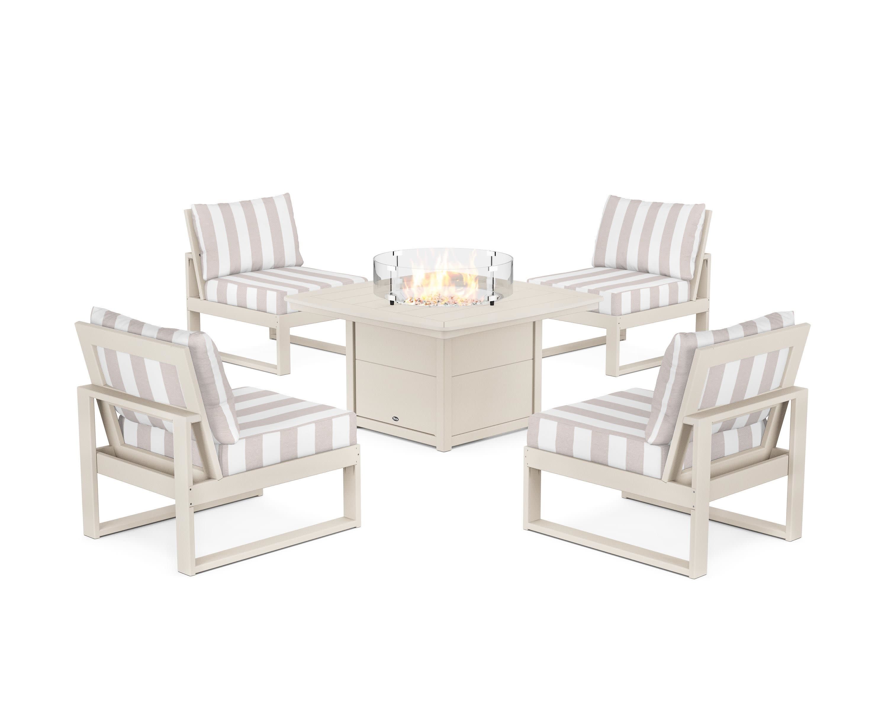 Eastport Modular 5-Piece Deep Seating Set with Yacht Club Fire Pit Table in Sand Castle / Cabana Stripe Dune Burlap