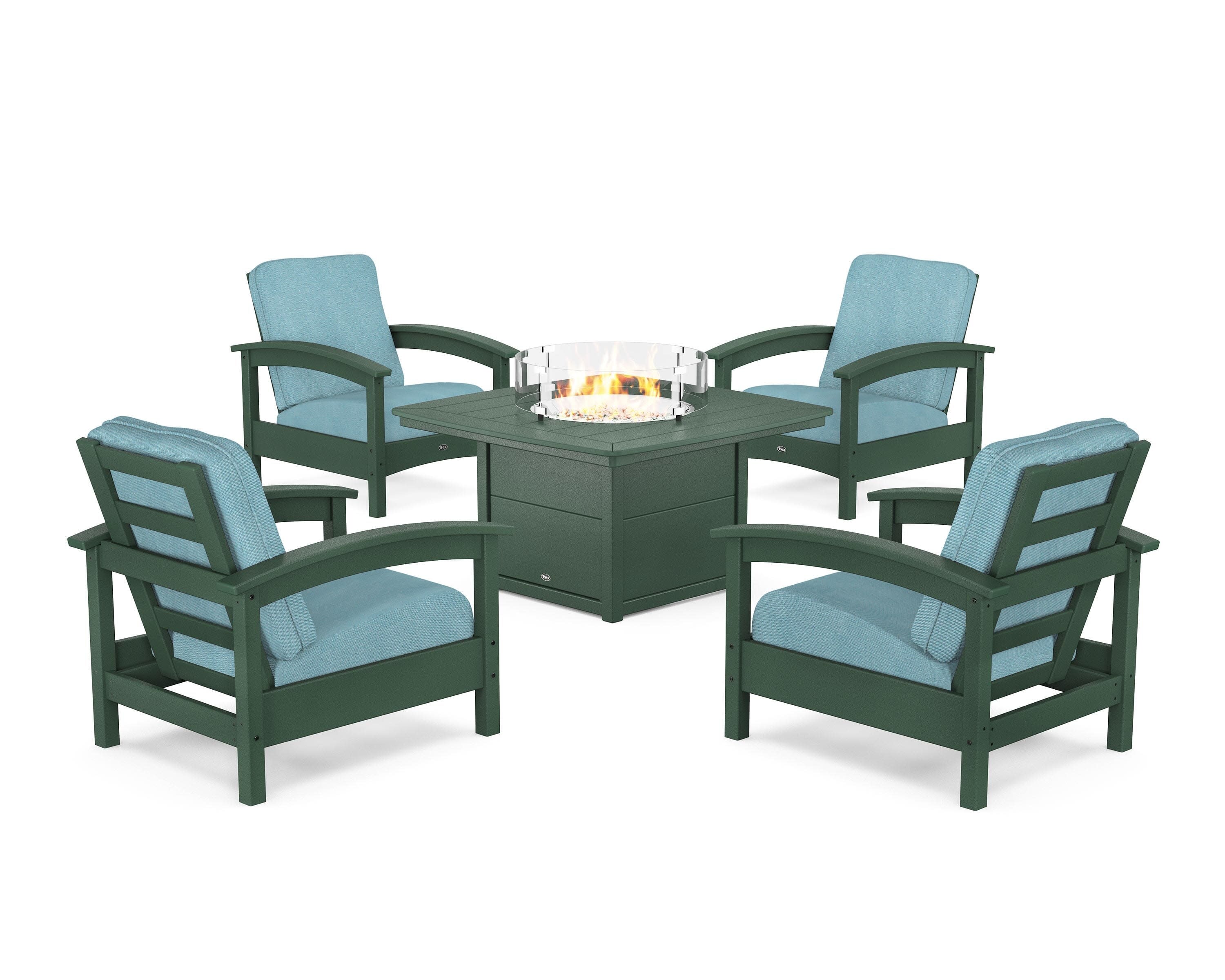 Rockport 5-Piece Deep Seating Set with Yacht Club Fire Pit Table in Rainforest Canopy / Lattice Sky Blue