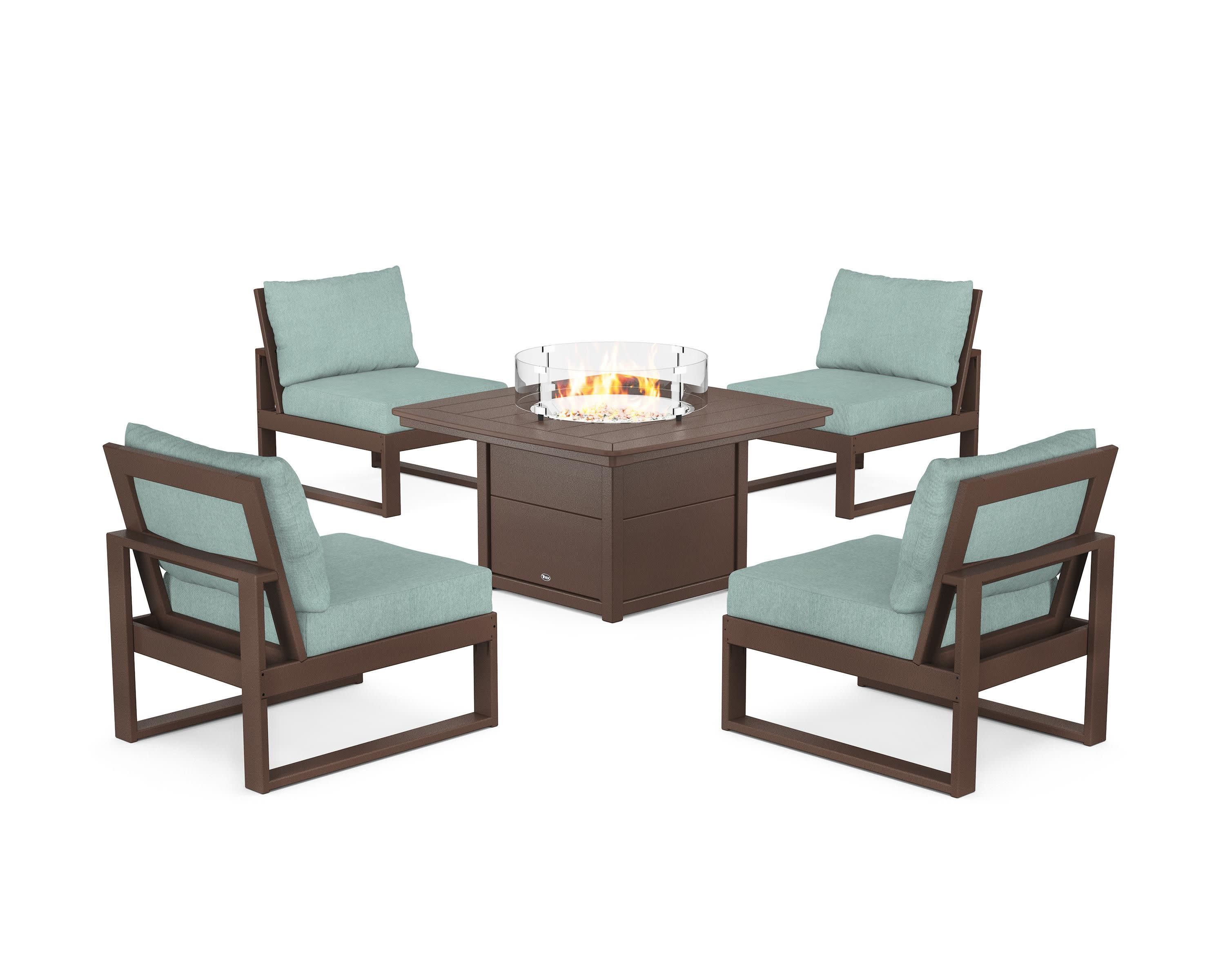 Eastport Modular 5-Piece Deep Seating Set with Yacht Club Fire Pit Table in Vintage Lantern / Glacier Spa