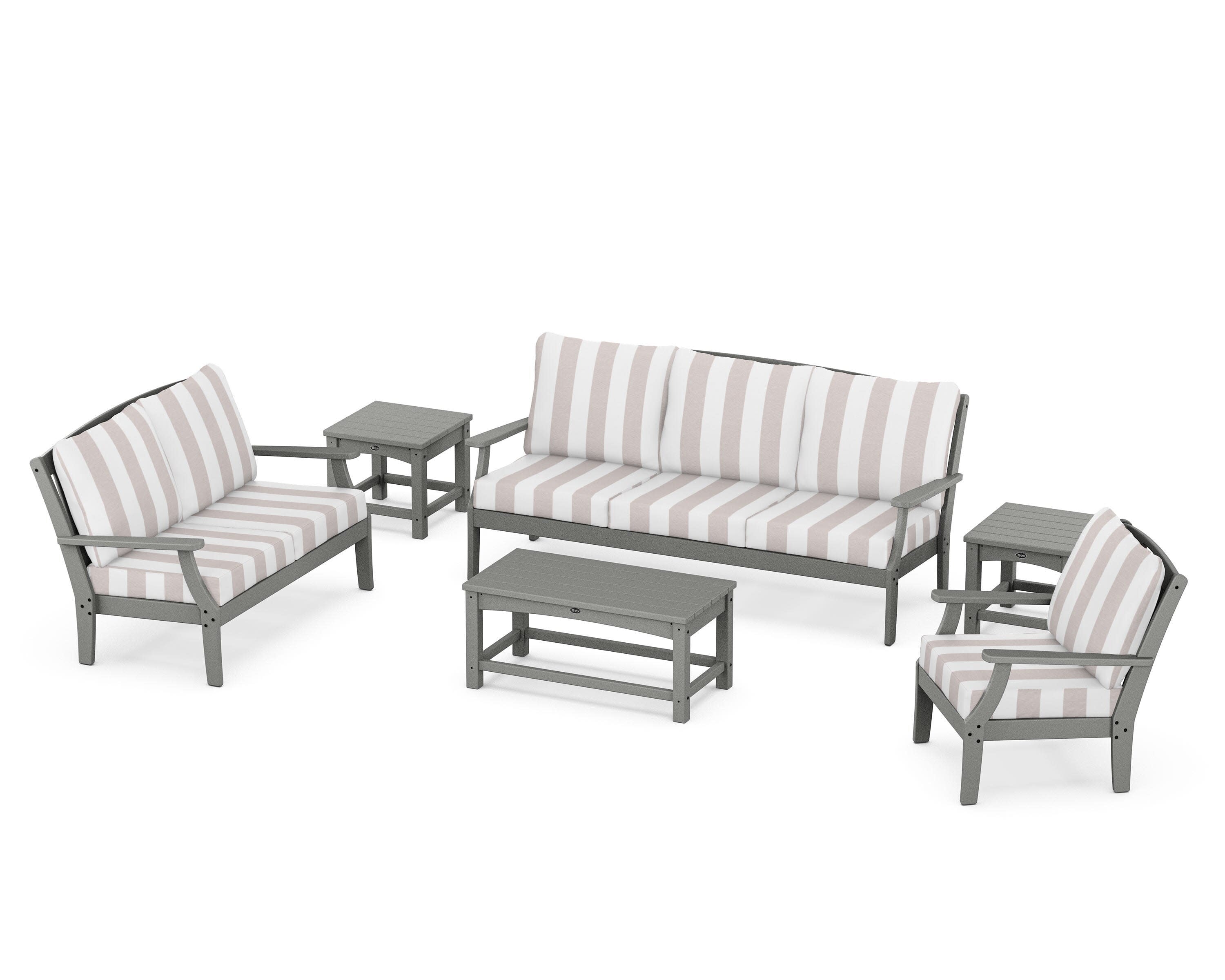 Yacht Club 6-Piece Deep Seating Set in Stepping Stone / Cabana Stripe Dune Burlap