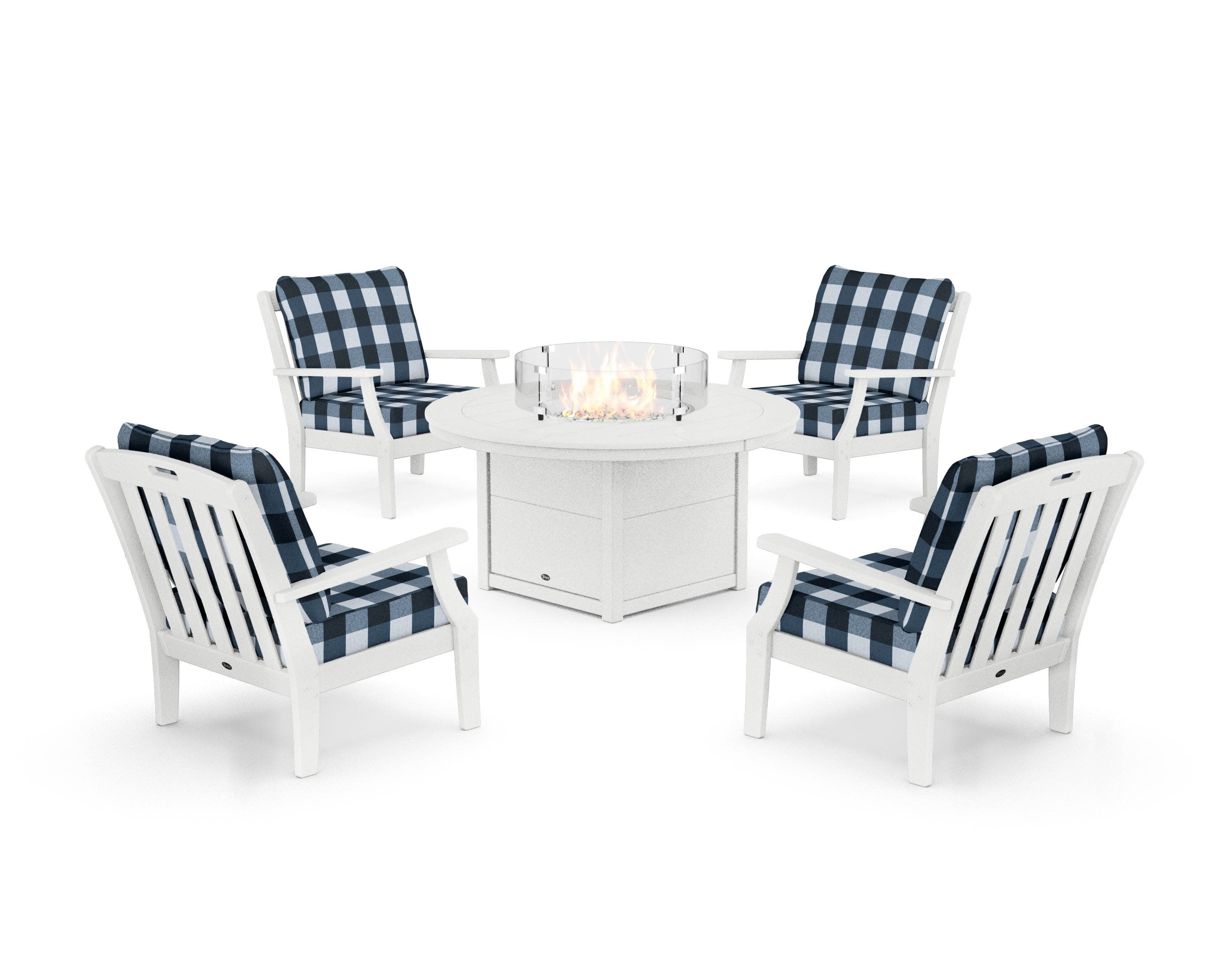 Yacht Club 5-Piece Deep Seating Set with Round Fire Pit Table in Classic White / Buffalo Plaid Marine Indigo