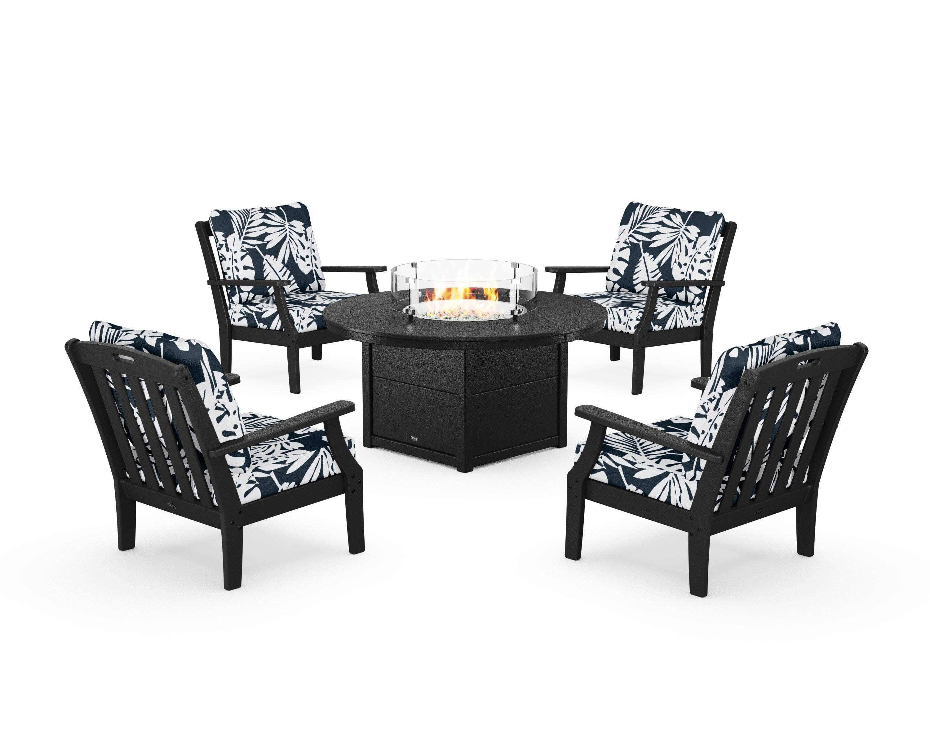 Yacht Club 5-Piece Deep Seating Set with Round Fire Pit Table in Charcoal Black / Leaf Marine Indigo