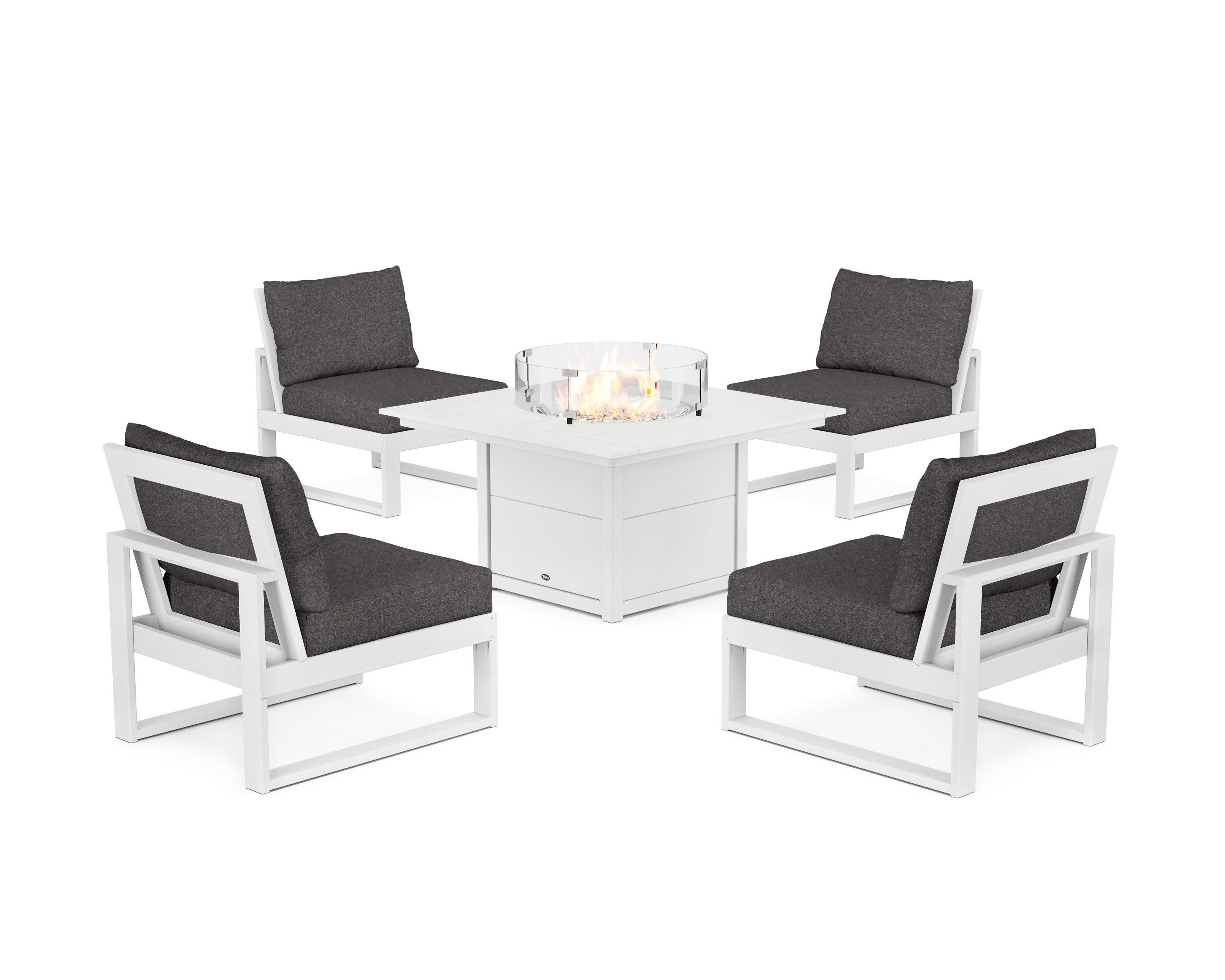 Eastport Modular 5-Piece Deep Seating Set with Square Fire Pit Table in Classic White / Ash Charcoal