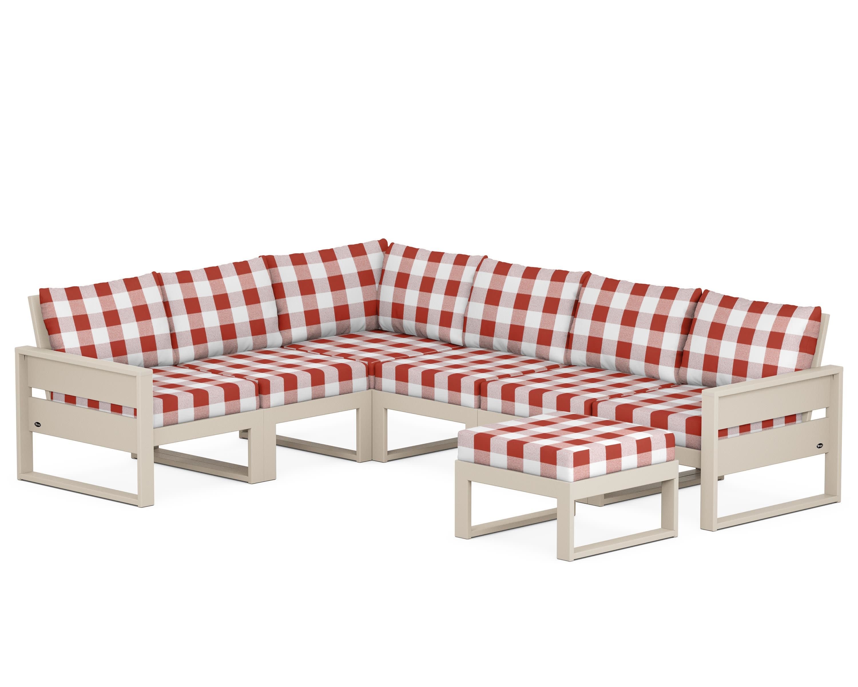 Eastport 6-Piece Sectional with Ottoman in Sand Castle / Buffalo Plaid Crimson