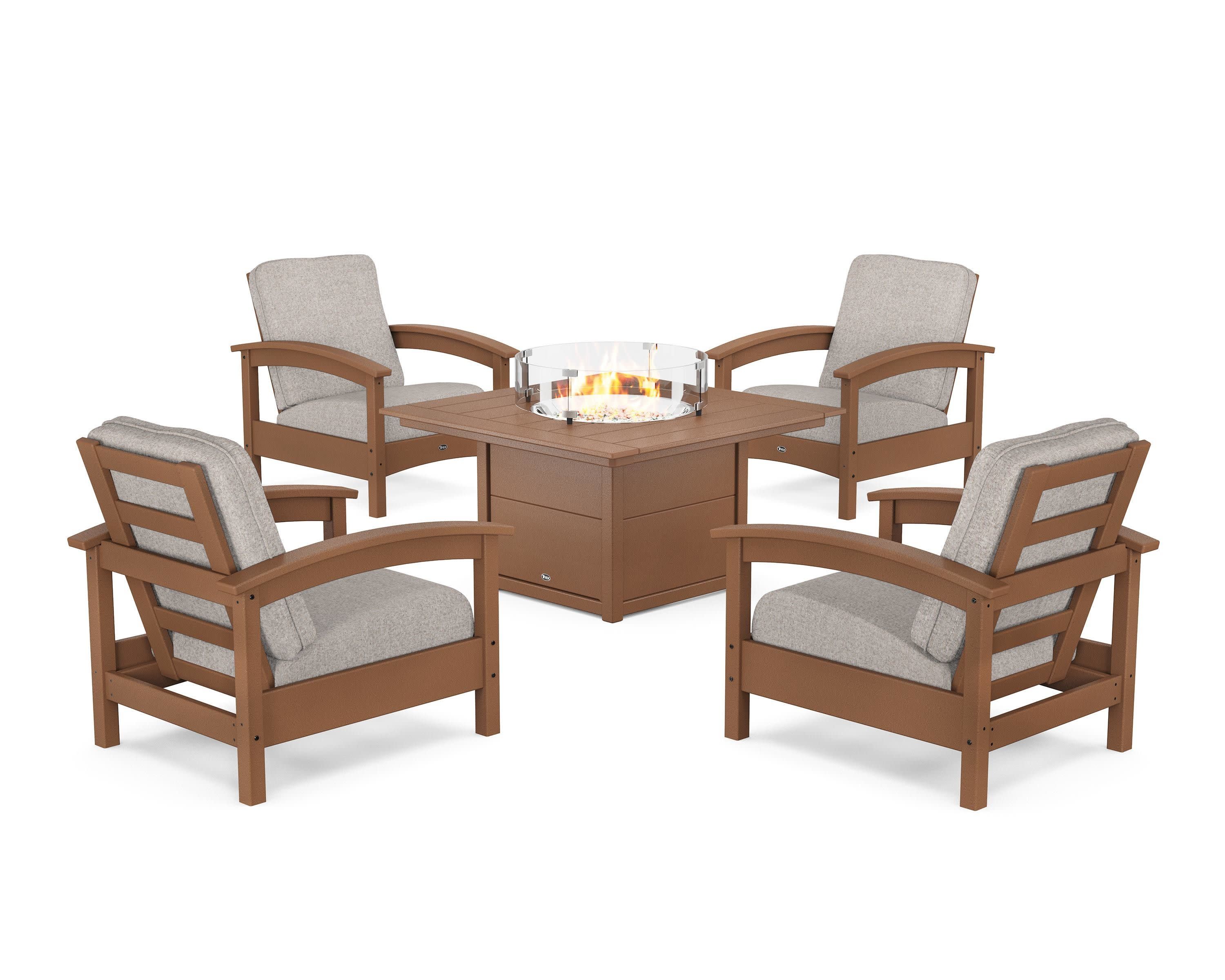 Rockport 5-Piece Deep Seating Set with Square Fire Pit Table in Tree House / Weathered Tweed
