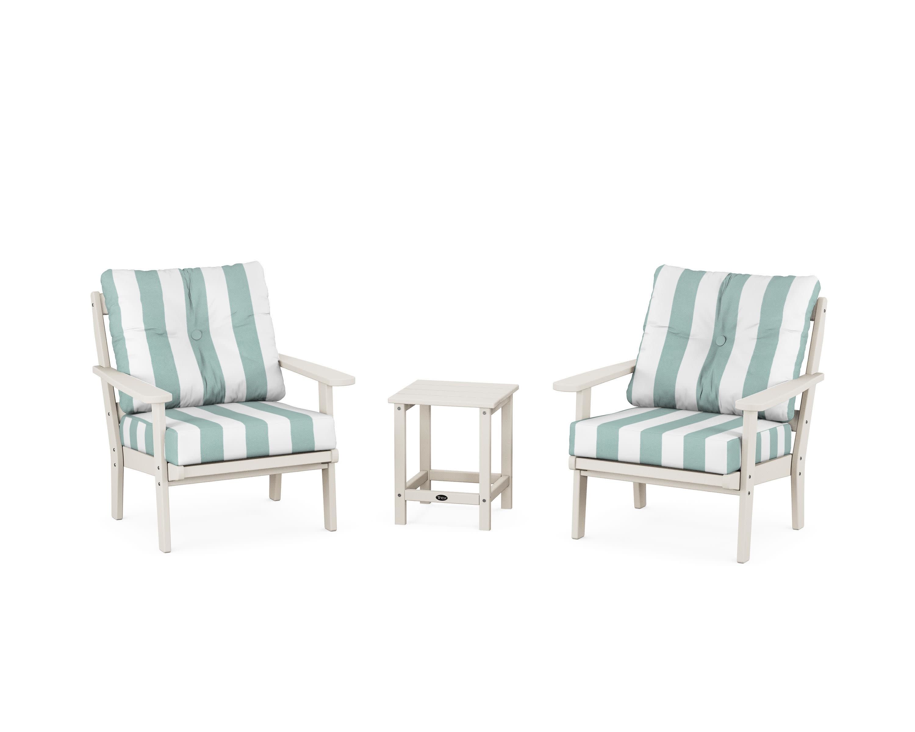 Cape Cod 3-Piece Deep Seating Set in Sand Castle / Cabana Stripe Glacier Spa