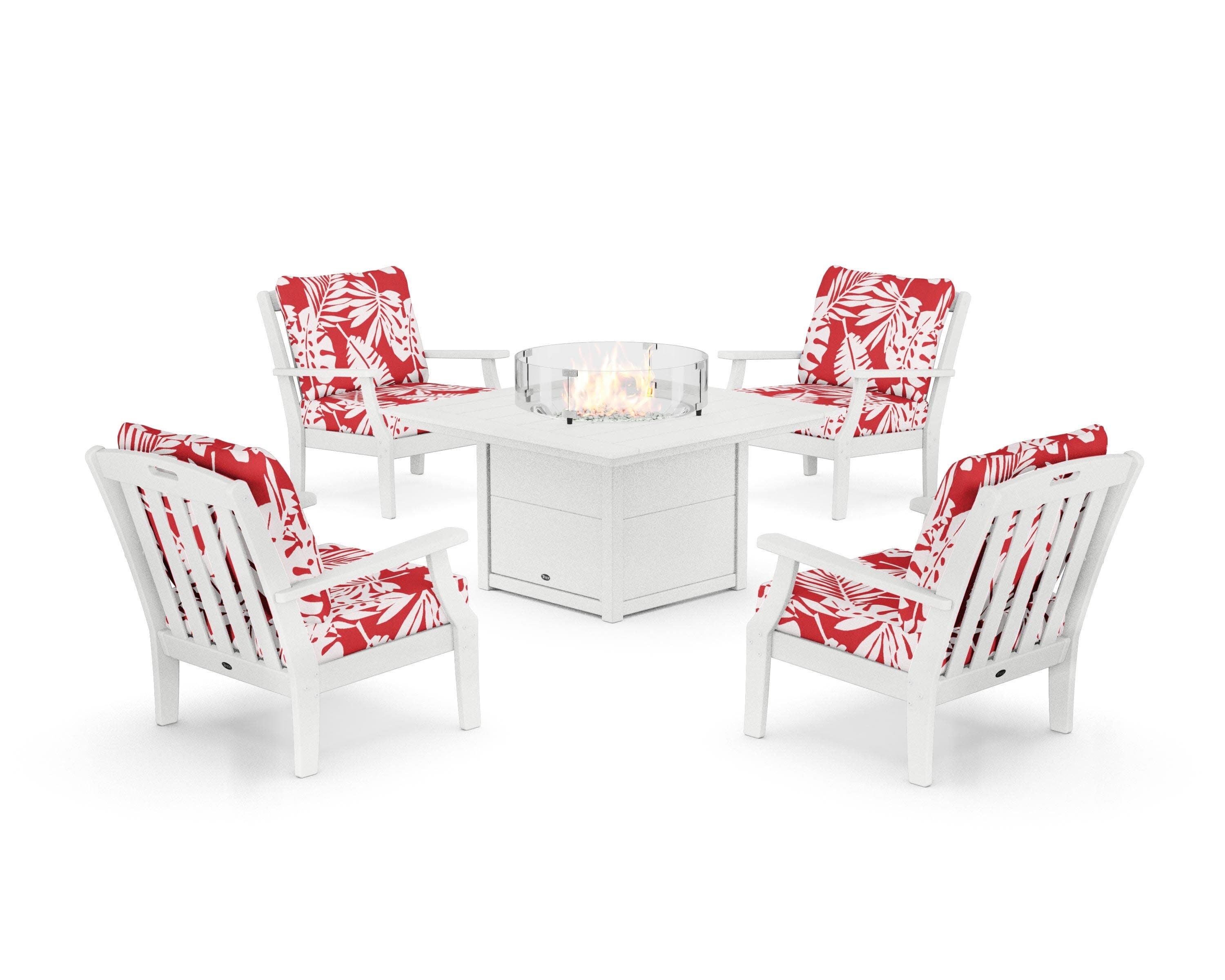 Yacht Club 5-Piece Deep Seating Set with Square Fire Pit Table in Classic White / Leaf Crimson