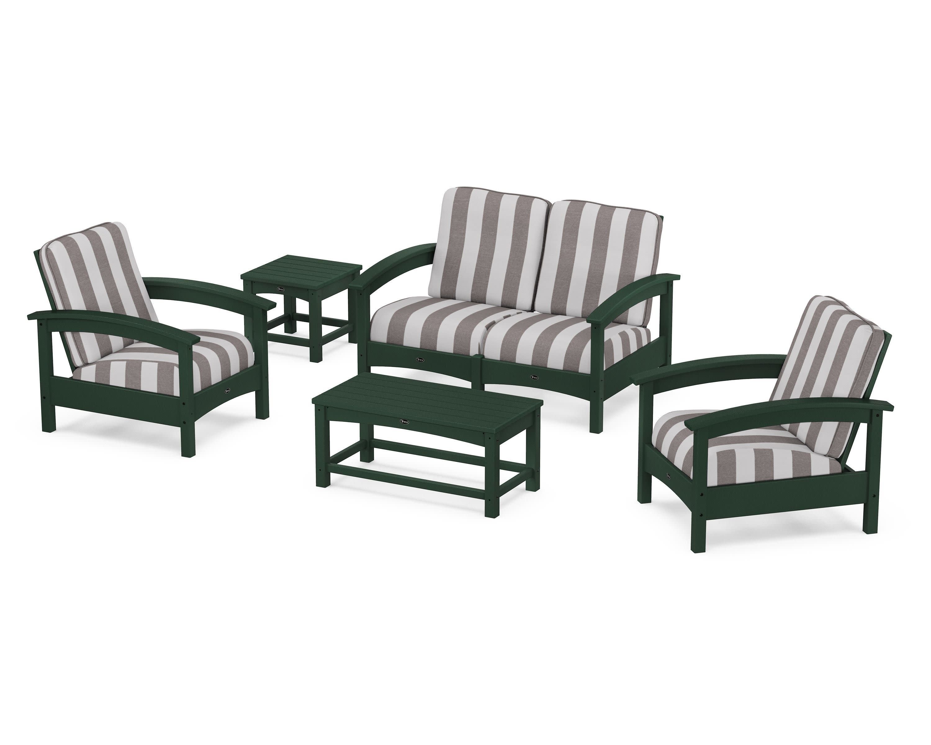Rockport Club 6-Piece Deep Seating Conversation Set in Rainforest Canopy / Cabana Stripe Grey Mist