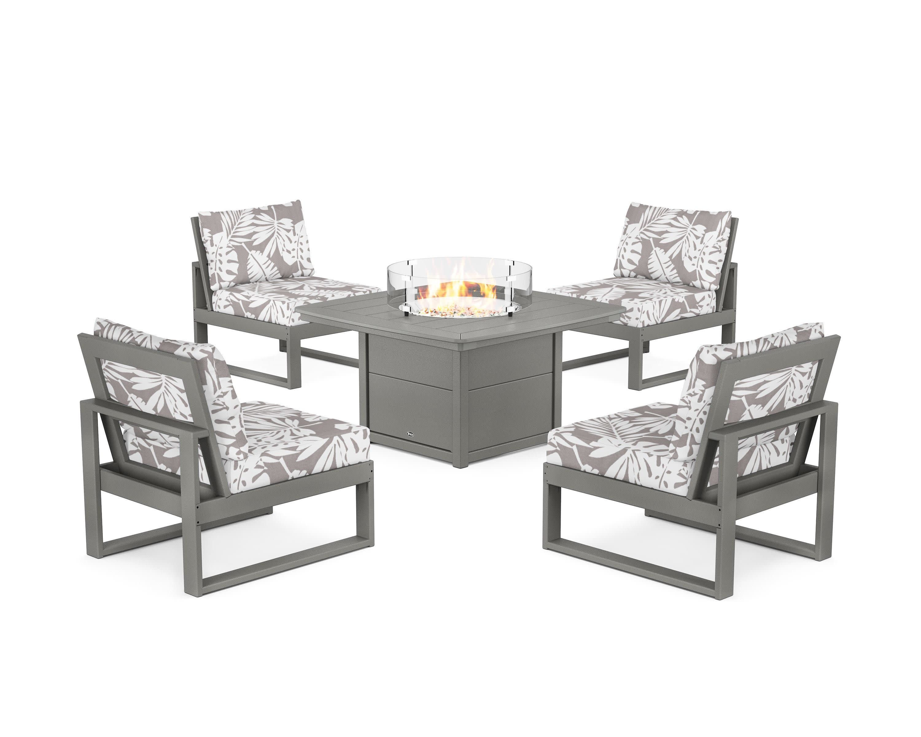 Eastport Modular 5-Piece Deep Seating Set with Yacht Club Fire Pit Table in Stepping Stone / Leaf Grey Mist