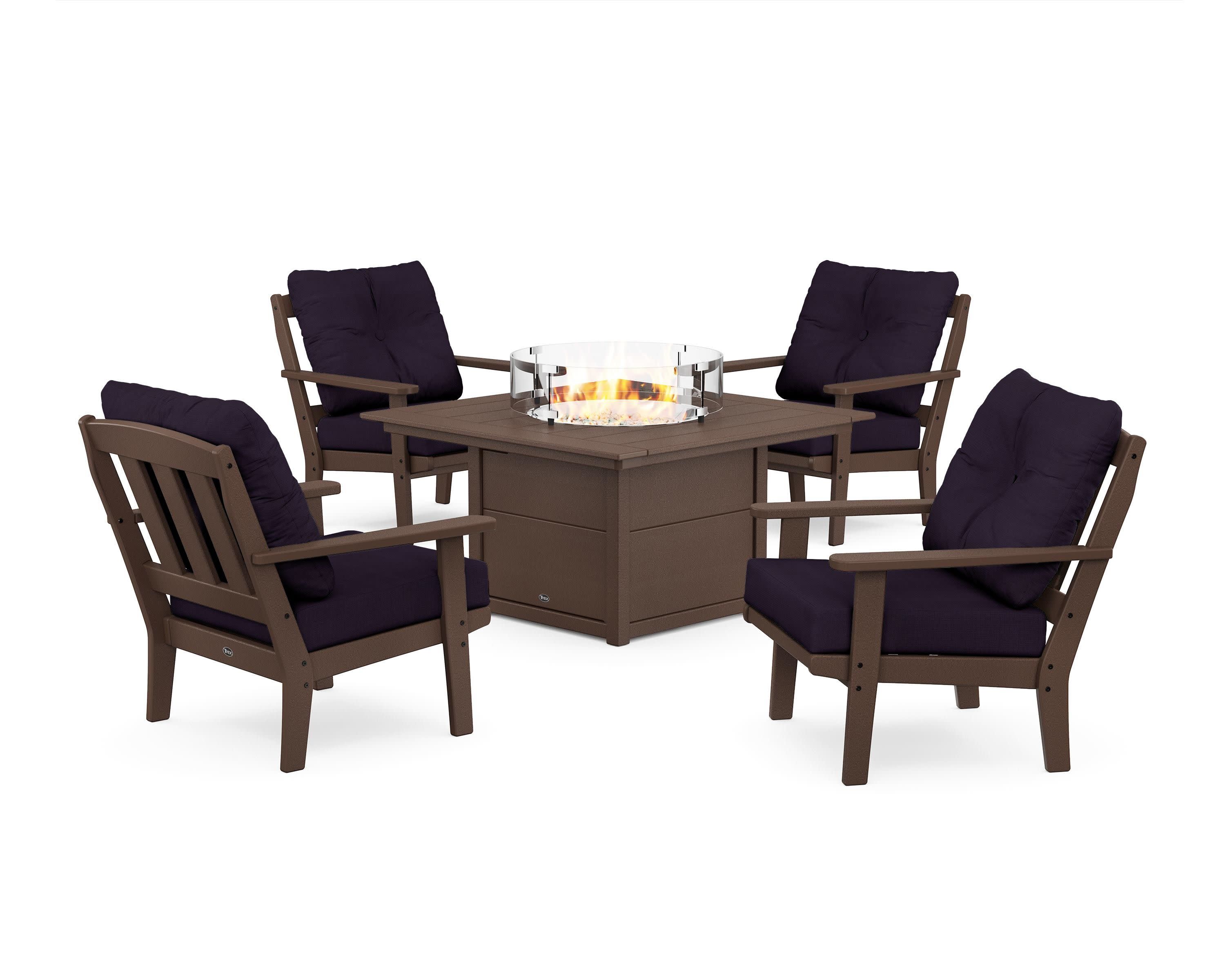 Cape Cod 5-Piece Deep Seating Set with Fire Pit Table in Vintage Lantern / Navy Linen