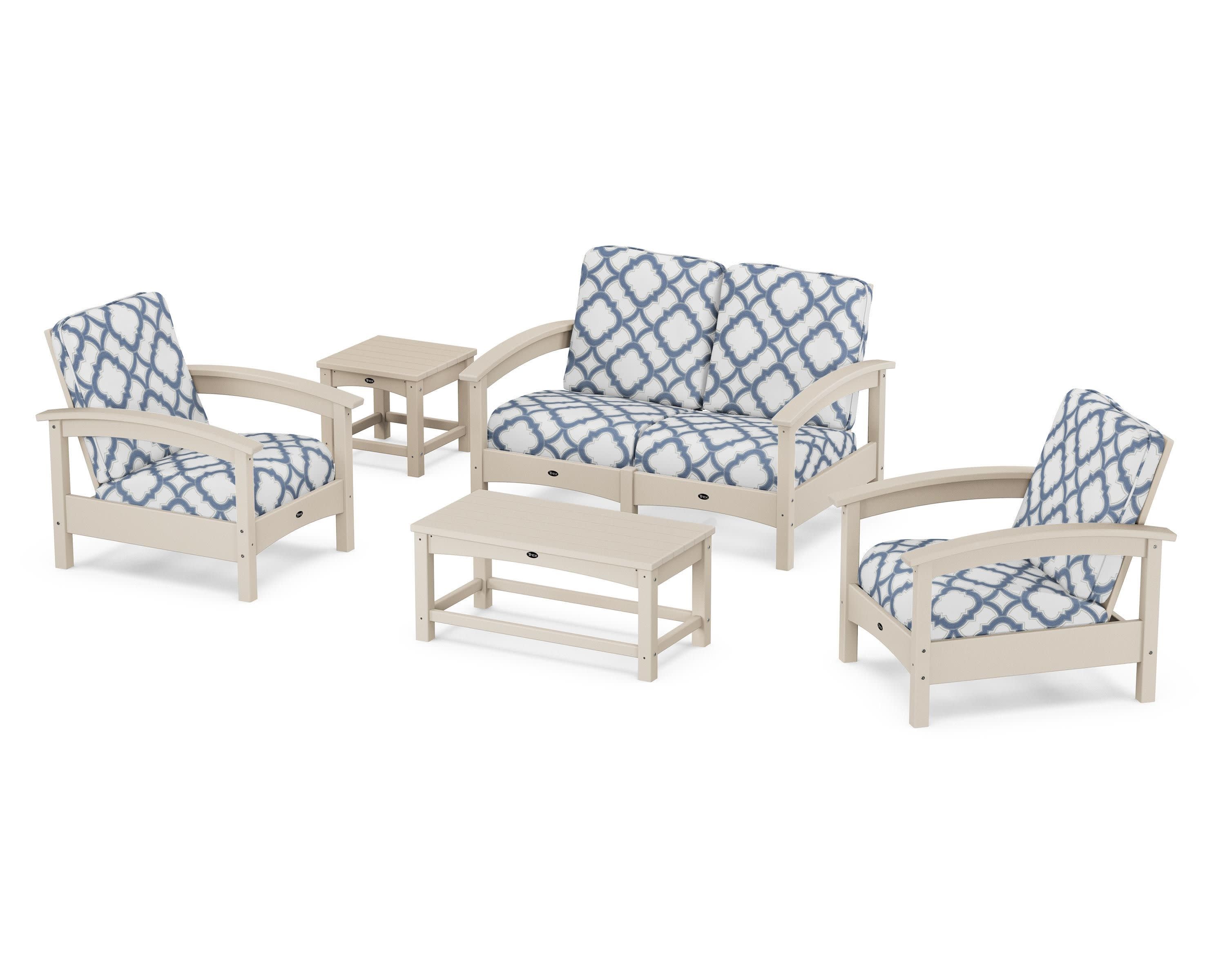 Rockport Club 6-Piece Deep Seating Conversation Set in Sand Castle / Trellis Sky Blue