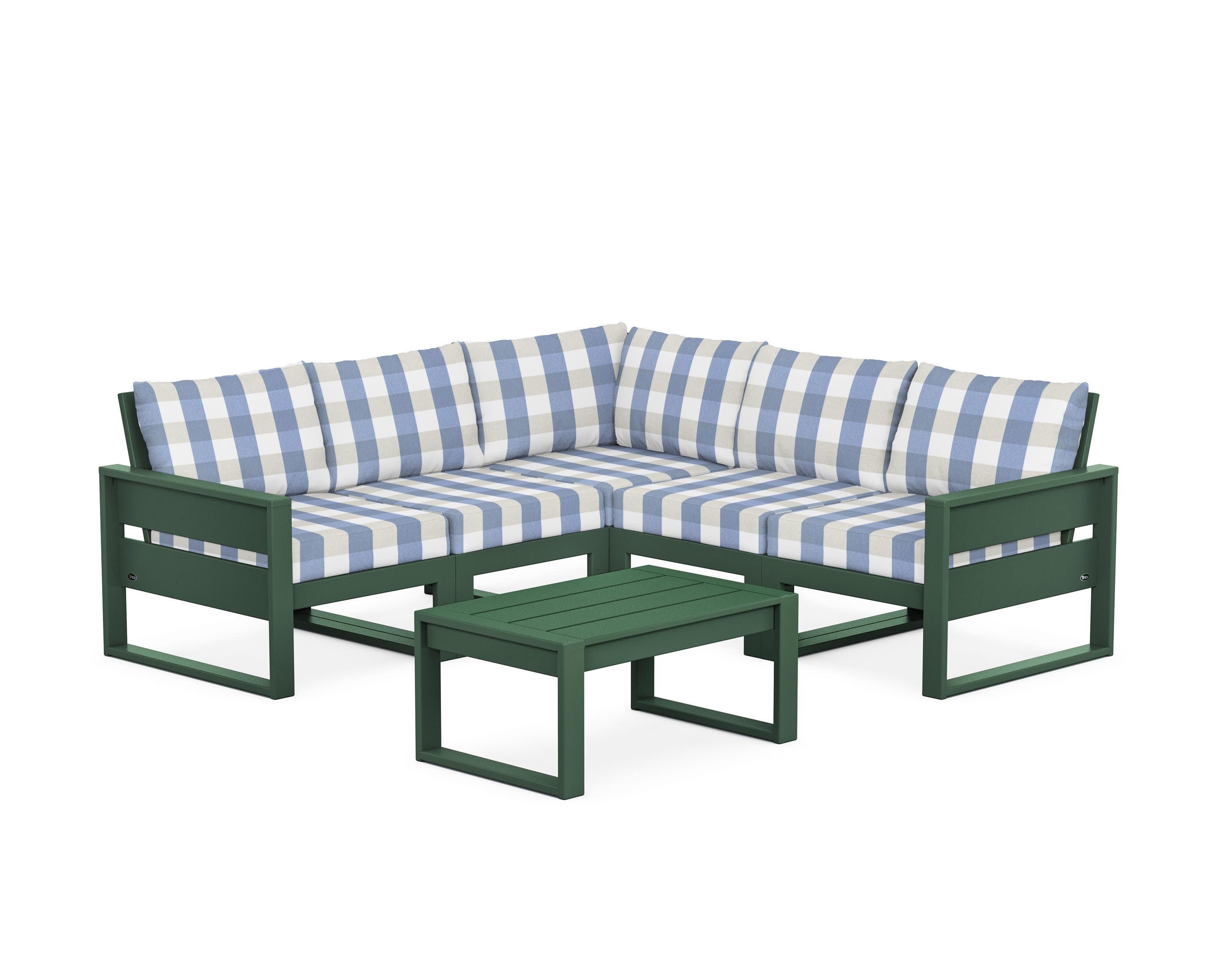 Eastport 6-Piece Deep Seating Sectional + Coffee Table Set in Rainforest Canopy / Buffalo Plaid Sky Blue