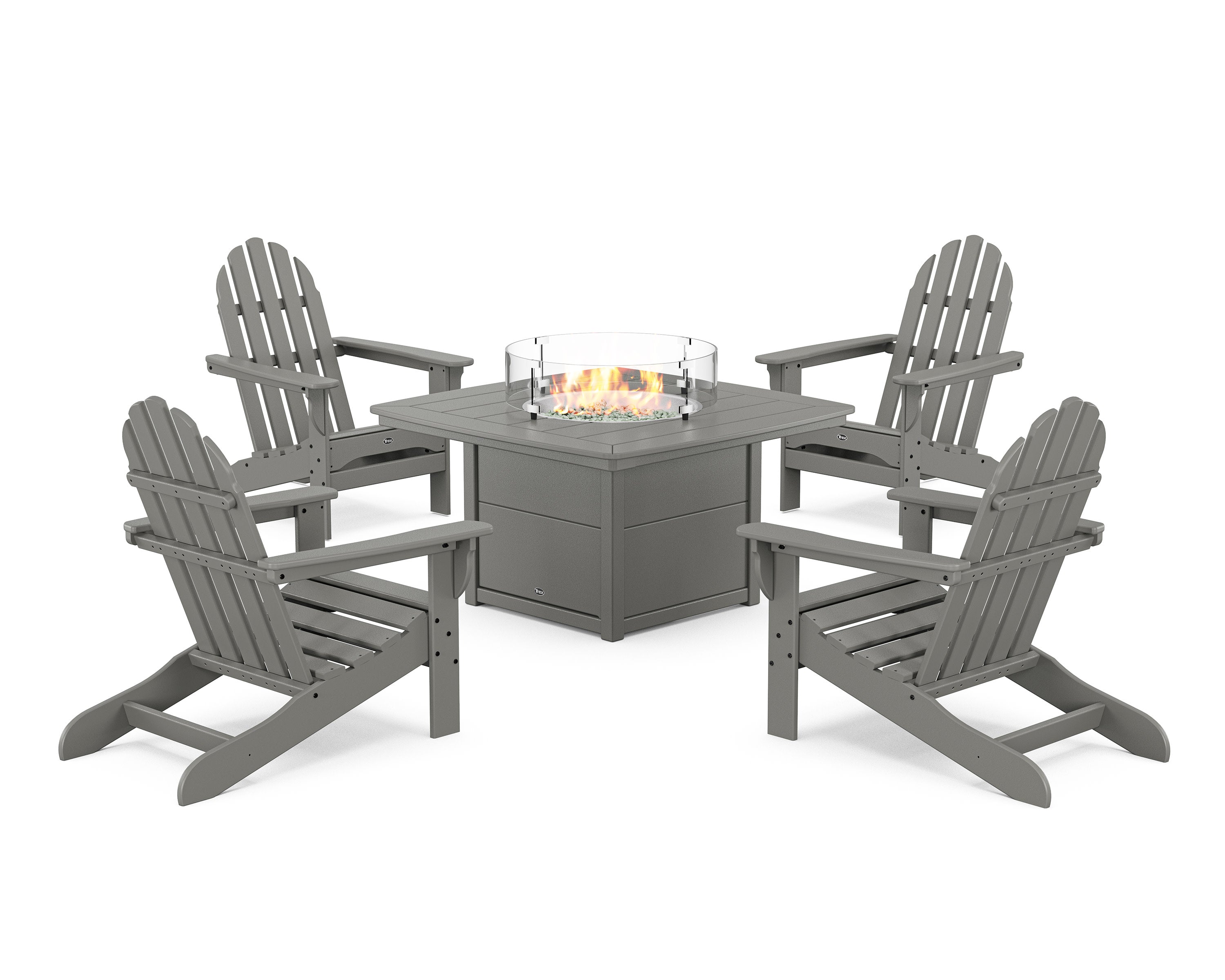 Cape Cod Adirondack 5-Piece Set with Yacht Club Fire Pit Table in Stepping Stone