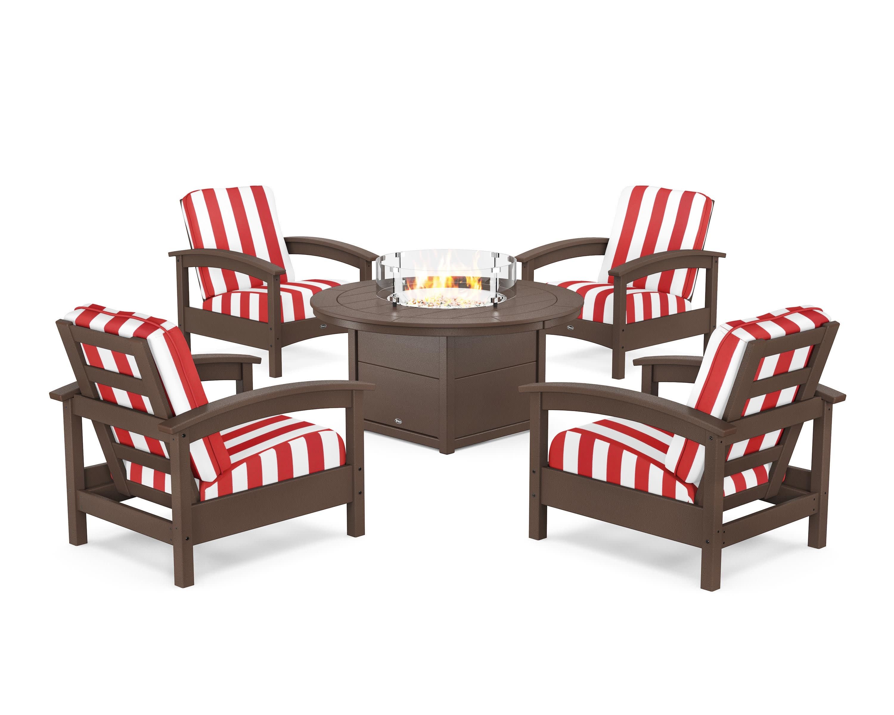 Rockport 5-Piece Deep Seating Set with Round Fire Pit Table in Vintage Lantern / Cabana Stripe Crimson