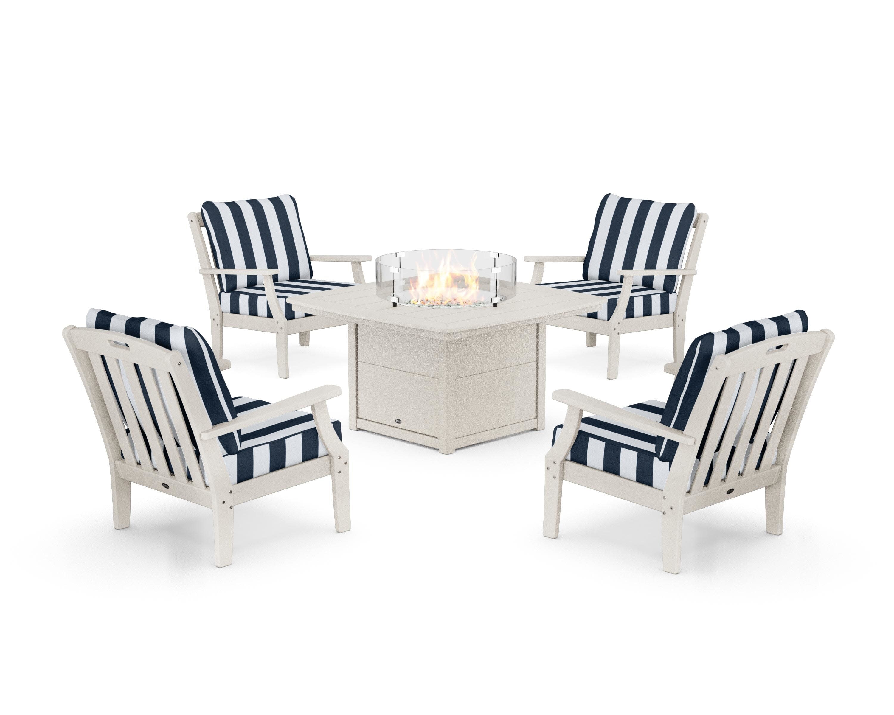 Yacht Club 5-Piece Deep Seating Set with Fire Pit Table in Sand Castle / Cabana Stripe Marine Indigo