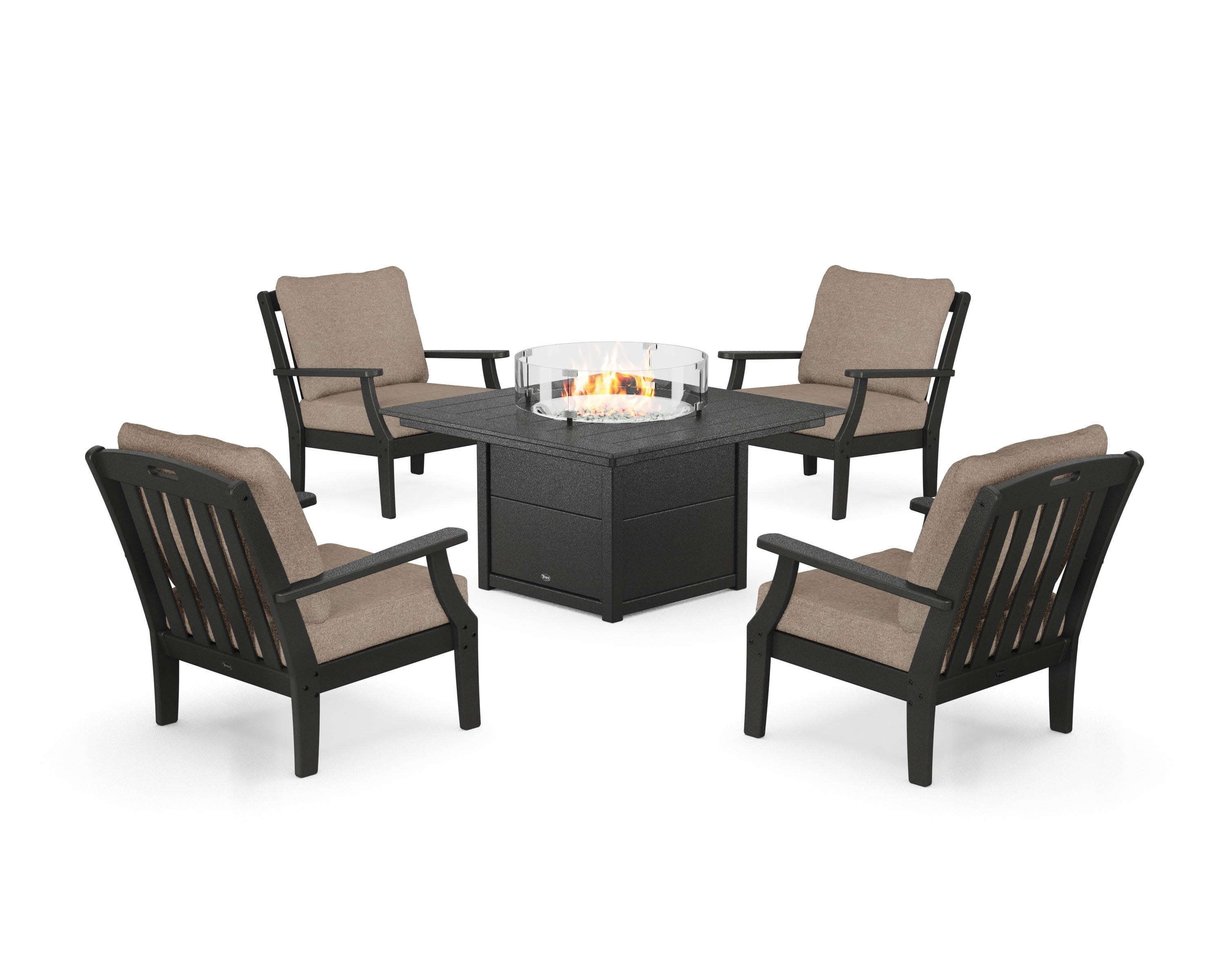 Yacht Club 5-Piece Deep Seating Set with Square Fire Pit Table in Charcoal Black / Spiced Burlap