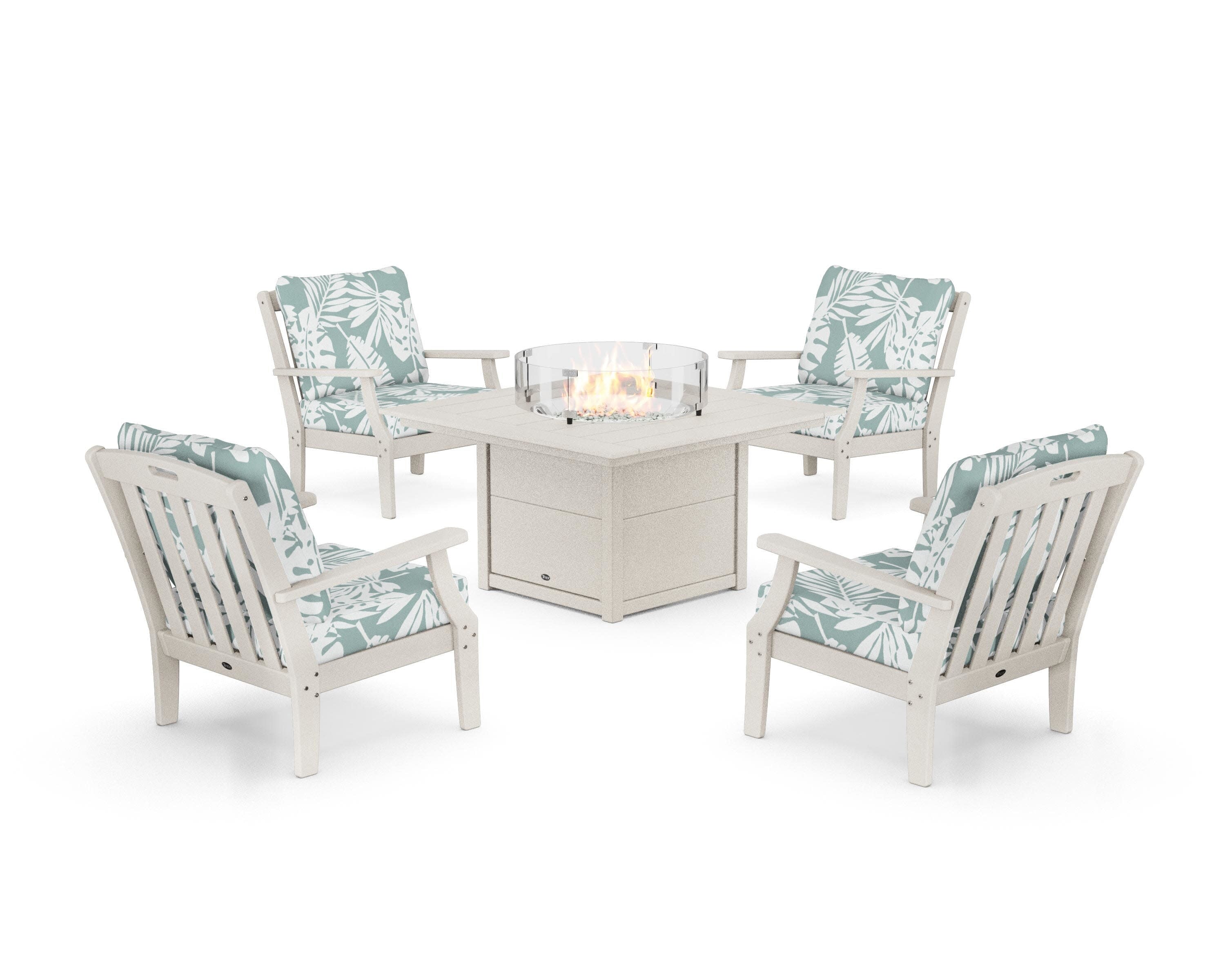 Yacht Club 5-Piece Deep Seating Set with Square Fire Pit Table in Sand Castle / Leaf Glacier Spa