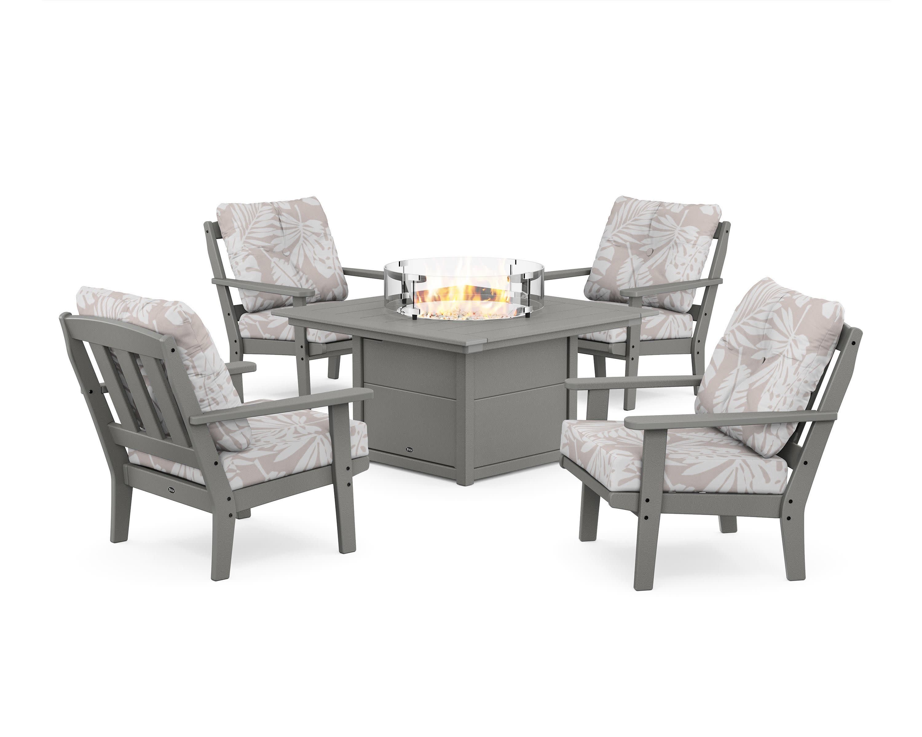 Cape Cod 5-Piece Deep Seating Set with Fire Pit Table in Stepping Stone / Leaf Dune Burlap