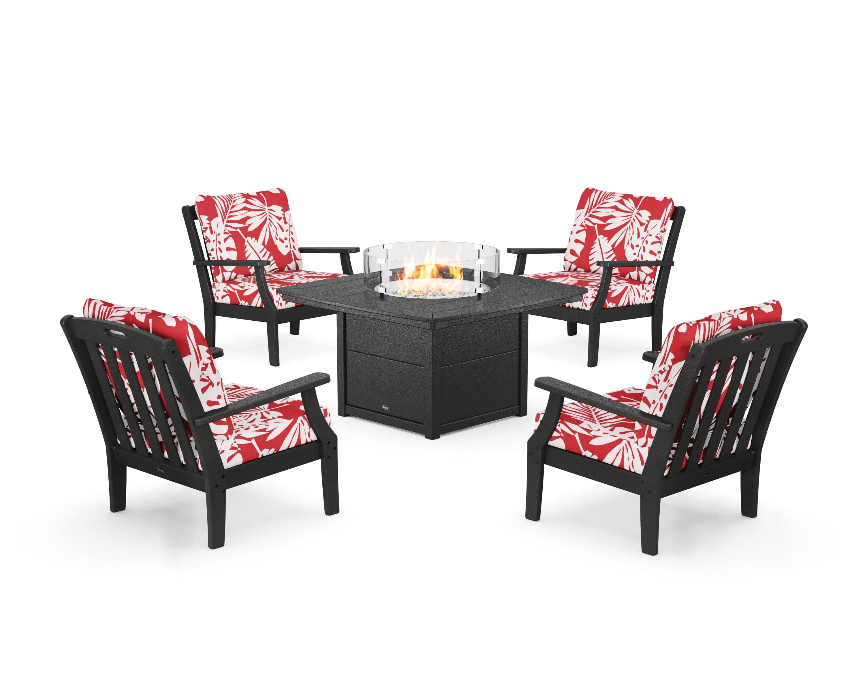 Yacht Club 5-Piece Deep Seating Set with Fire Pit Table in Charcoal Black / Leaf Crimson