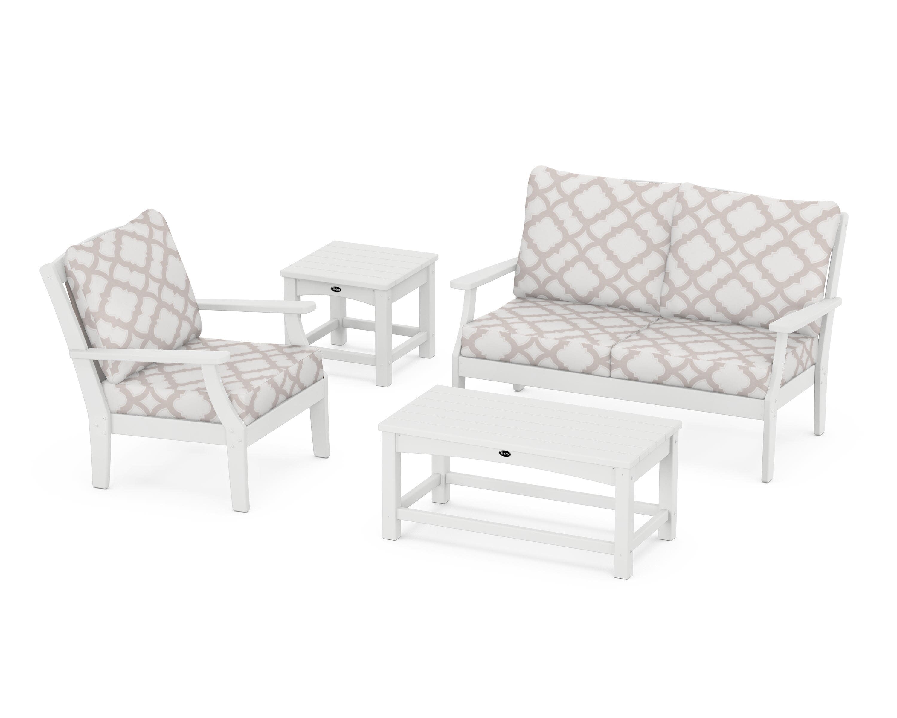 Yacht Club 4-Piece Deep Seating Set in Classic White / Trellis Dune Burlap