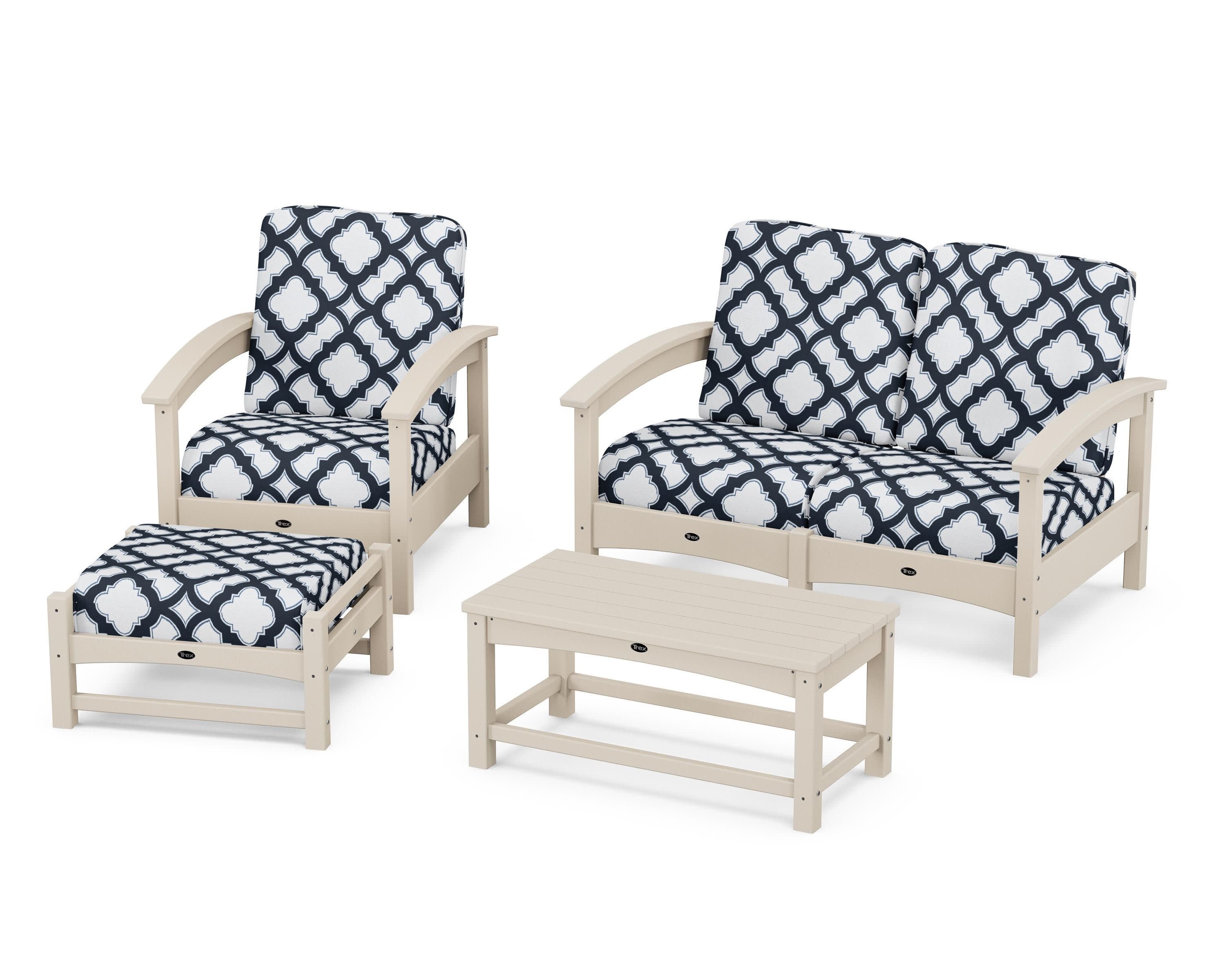 Rockport 4-Piece Deep Seating Conversation Group in Sand Castle / Trellis Marine Indigo