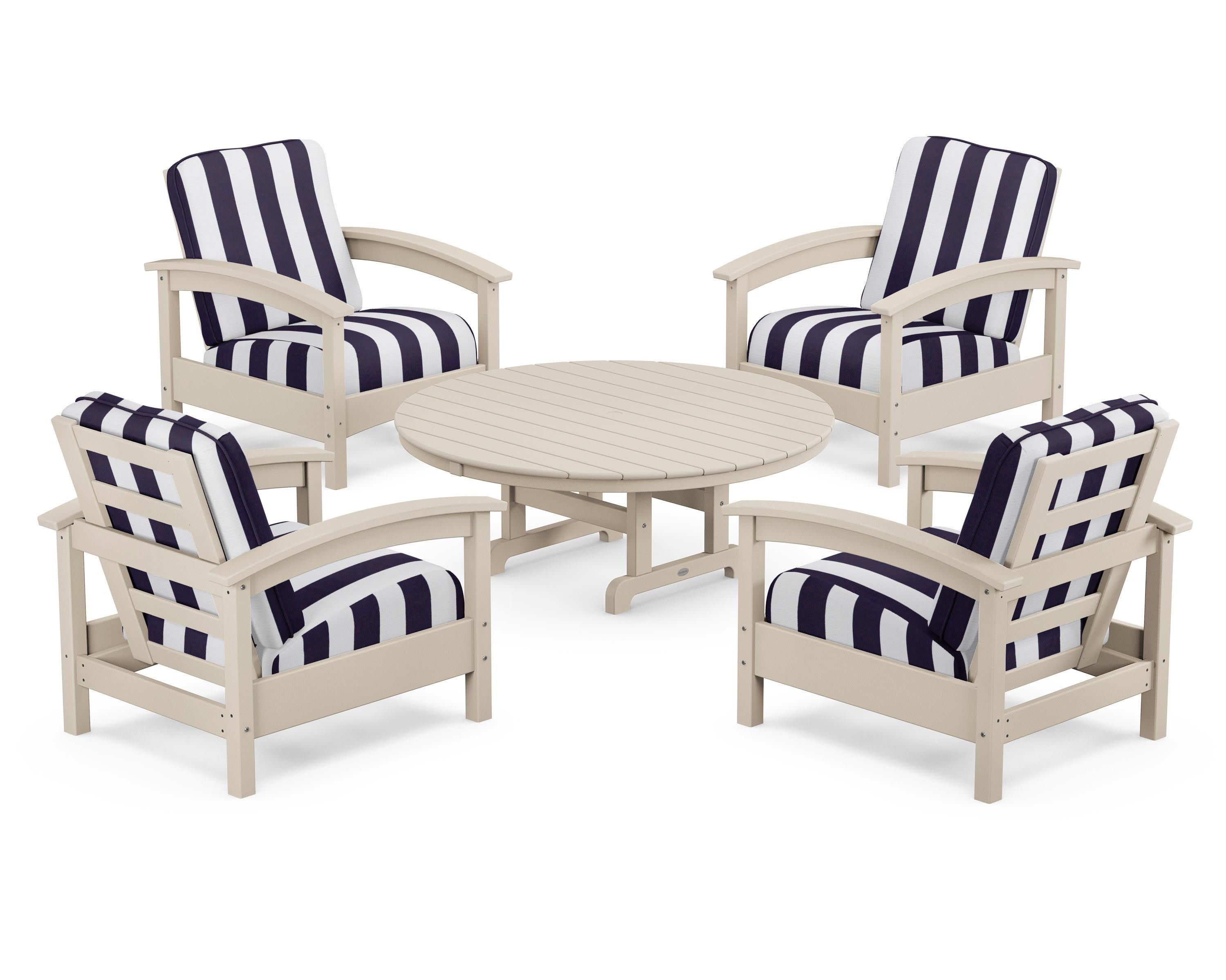 Rockport 5-Piece Deep Seating Set in Sand Castle / Cabana Stripe Navy