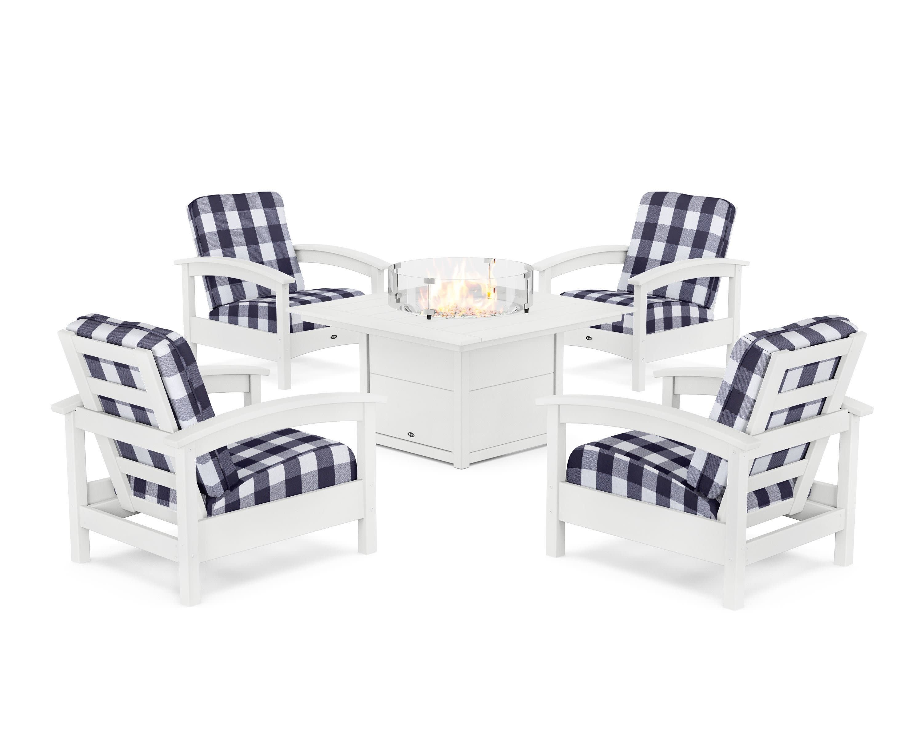 Rockport 5-Piece Deep Seating Set with Square Fire Pit Table in Classic White / Buffalo Plaid Navy