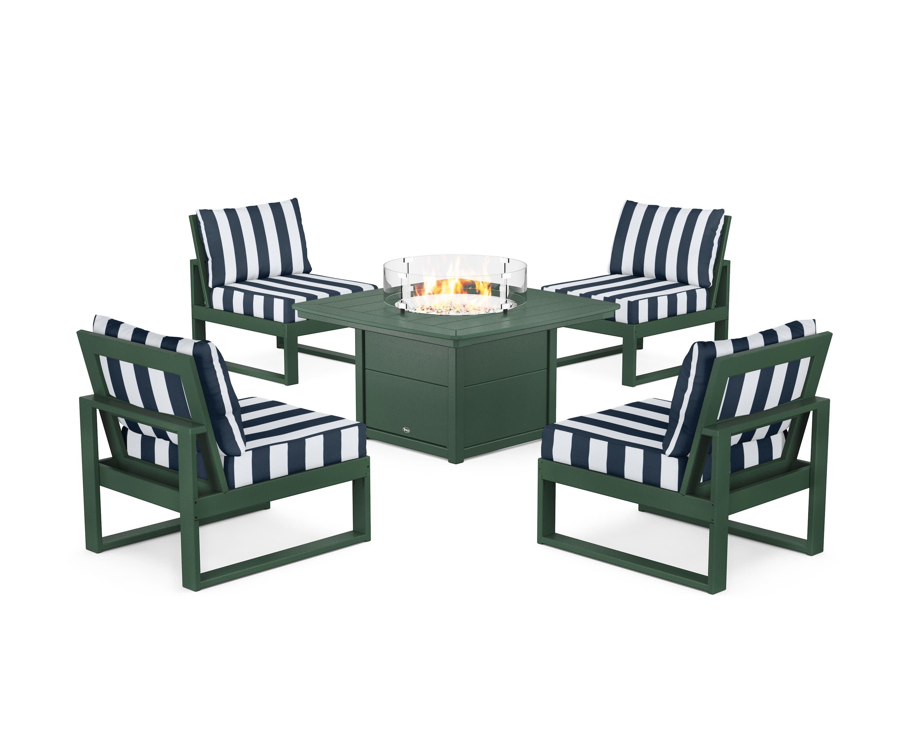 Eastport Modular 5-Piece Deep Seating Set with Yacht Club Fire Pit Table in Rainforest Canopy / Cabana Stripe Marine Indigo