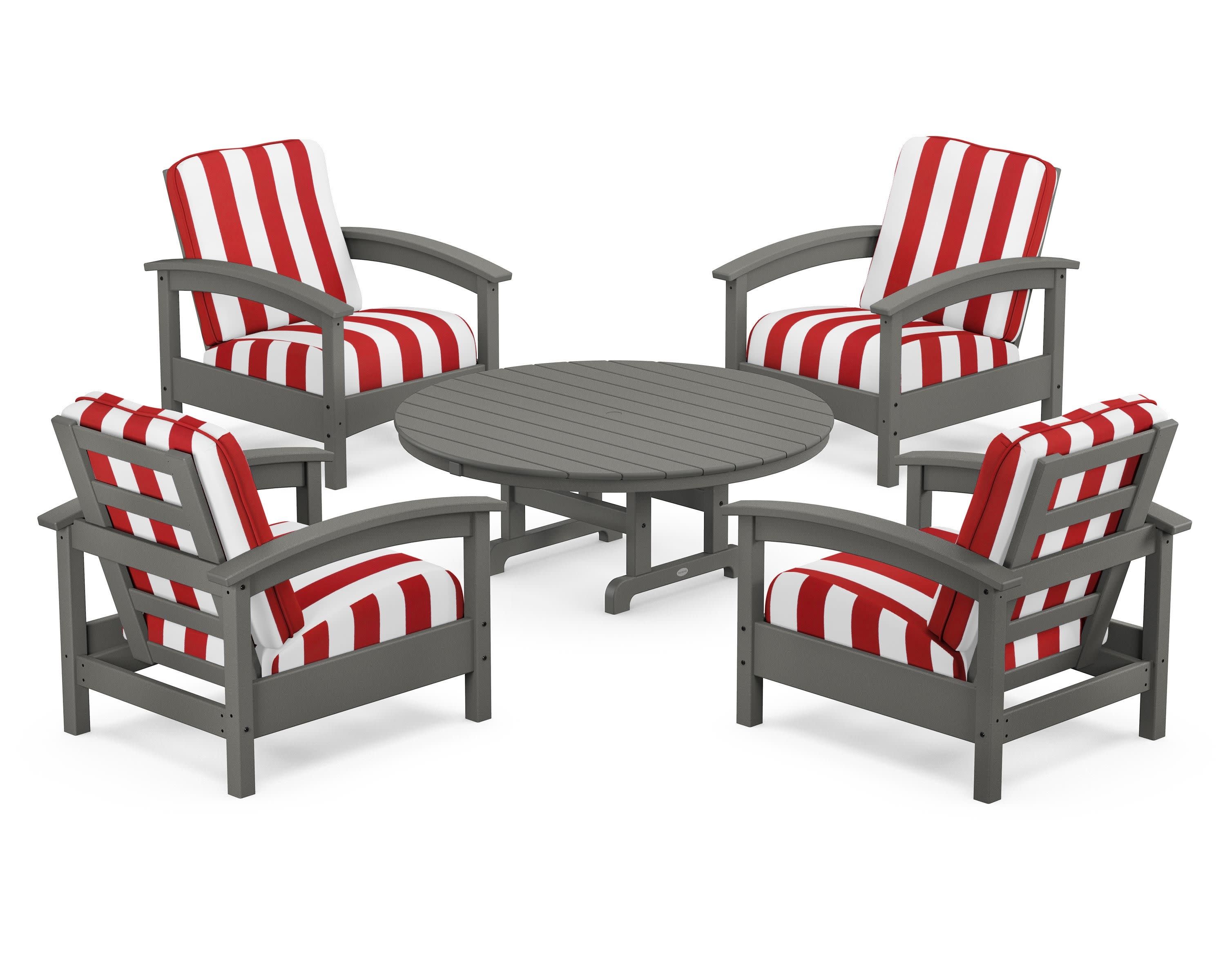 Rockport 5-Piece Deep Seating Set in Stepping Stone / Cabana Stripe Crimson